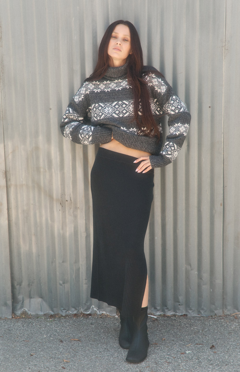Alp N Rock Ida Skirt, black ribbed knit midi skirt with side slit