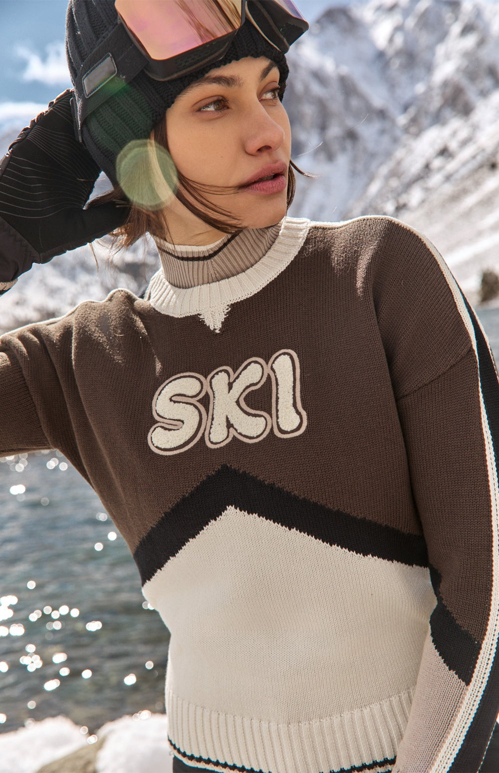 Alp N Rock Aiken Sweater, retro ski sweater for women in black, brown, and ivory with crewneck and ski lettering on the chest