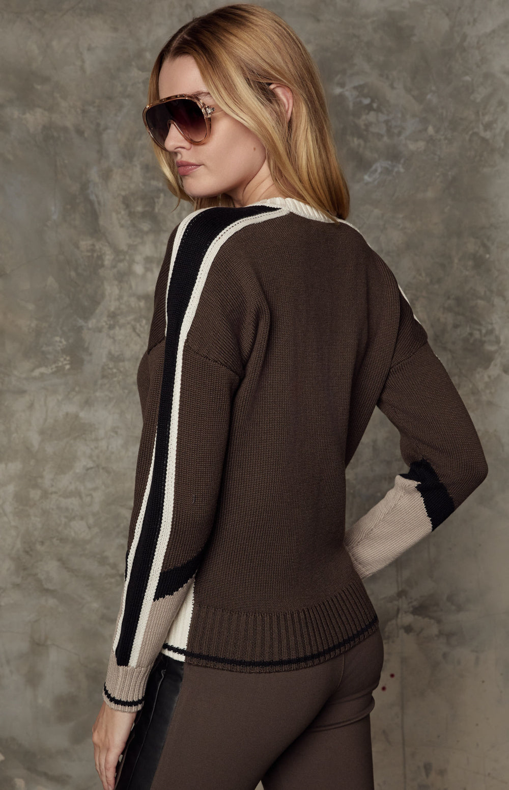 Alp N Rock Aiken Sweater, retro ski sweater for women in black, brown, and ivory with crewneck and ski lettering on the chest