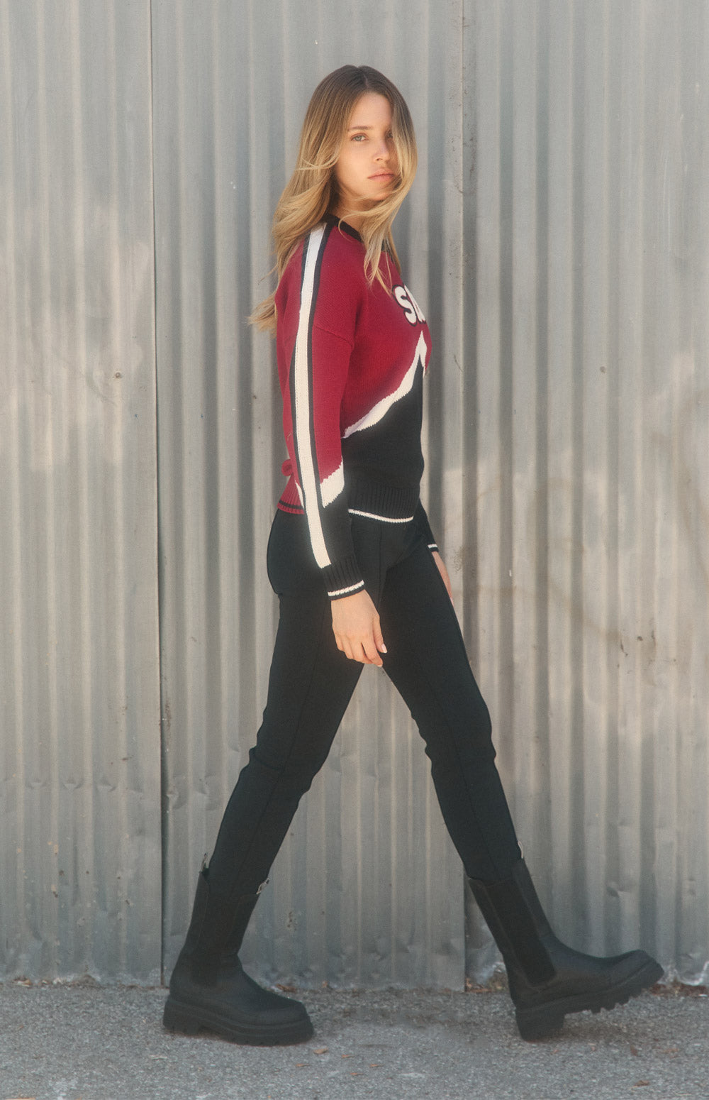 Alp N Rock Aiken Sweater, red and black ski sweater for women with ski lettering