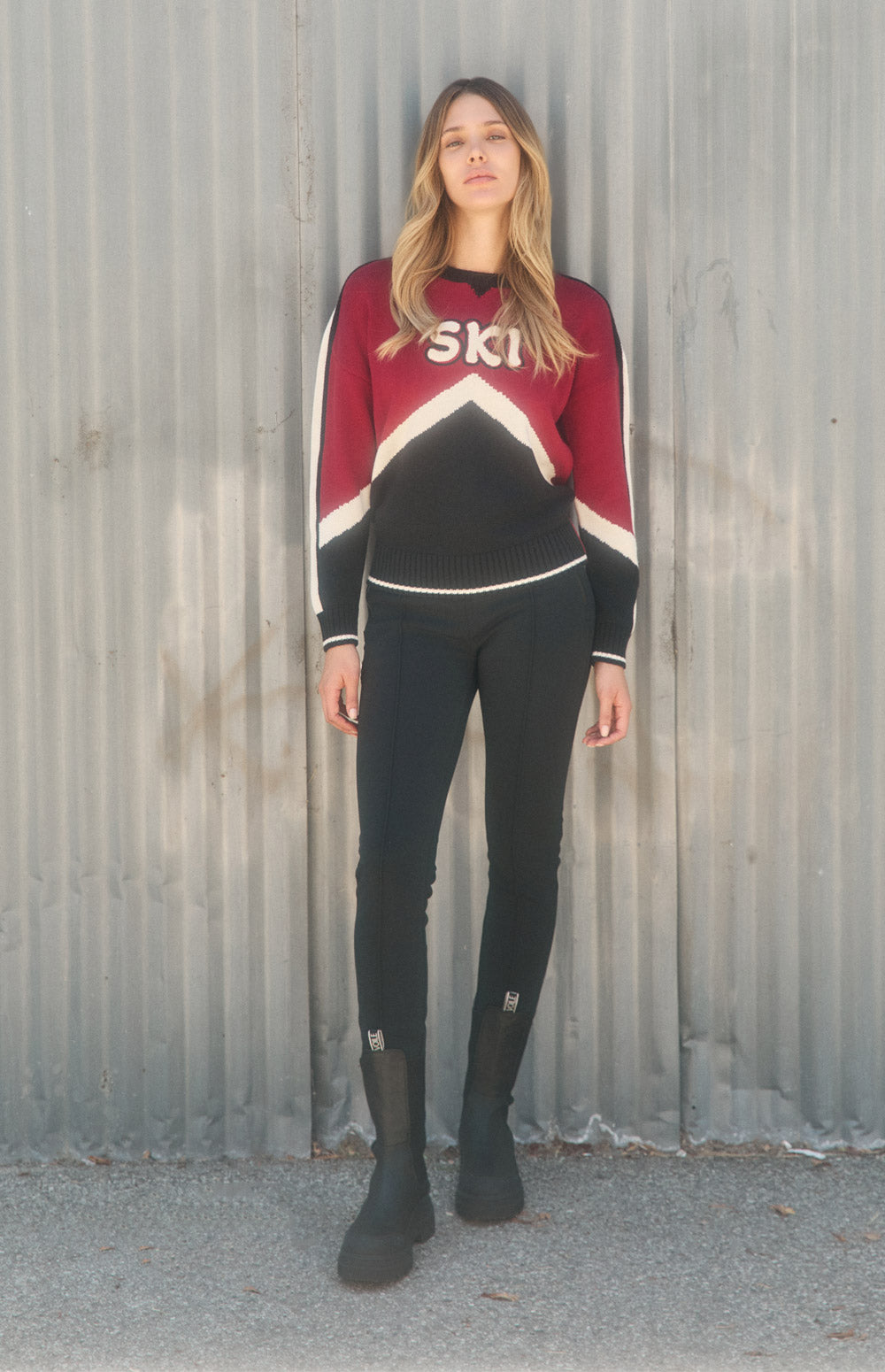 Alp N Rock Aiken Sweater, red and black ski sweater for women with ski lettering