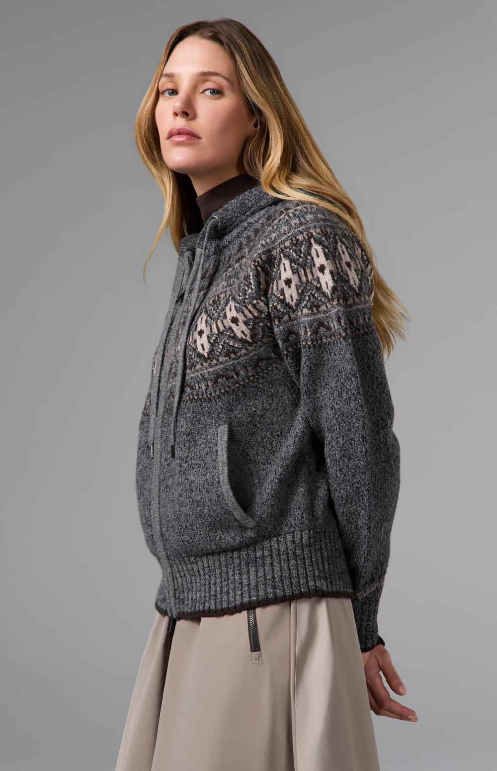 Alp N Rock Alexandra Fair Isle Zip Sweater, heather grey hooded zip sweater for women