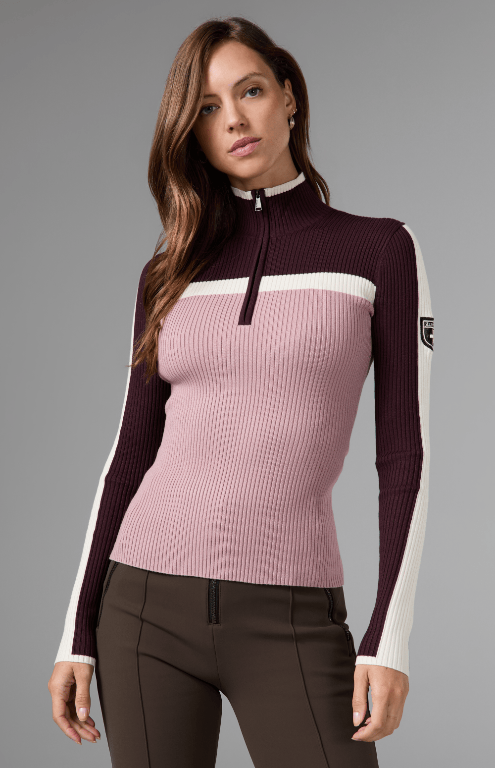 Alp N Rock Ali 1/2 Zip Ski Sweater, pink and dark red half zip fitted ski sweater for women