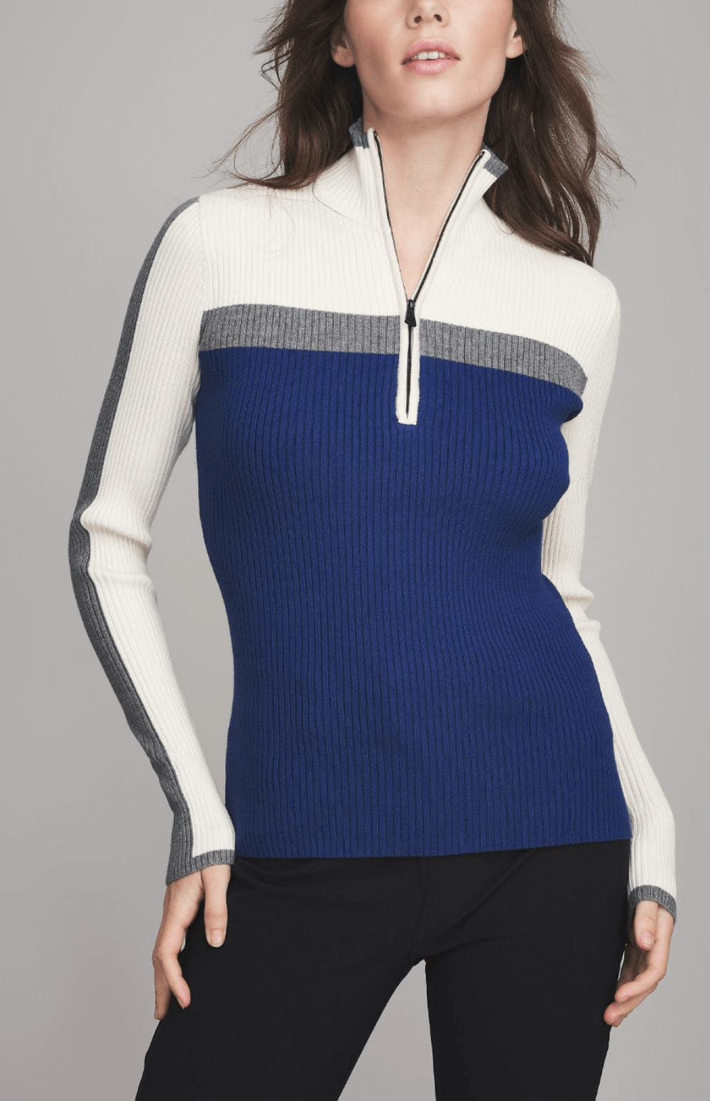 Alp N Rock Ali Half Zip Sweater, Women's Ribbed Half Zip Ski Sweater in Ivory with Grey and Blue Stripes