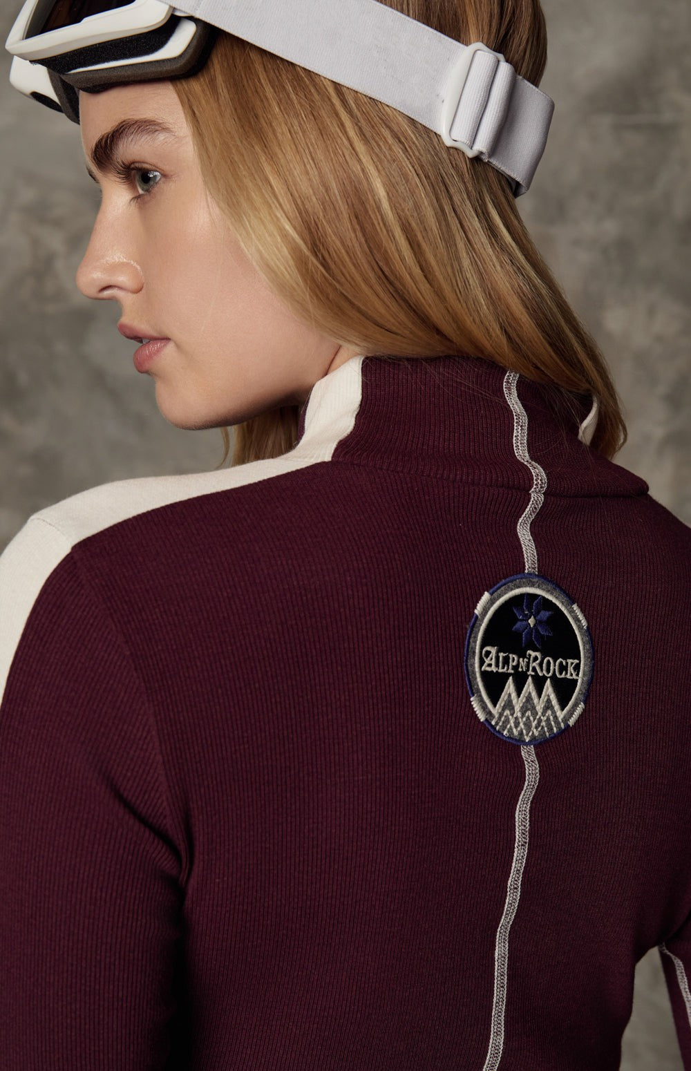 Alp N Rock Allison Mock Neck, burgundy colorblock mock neck top for women with embroidered snowflakes on the chest