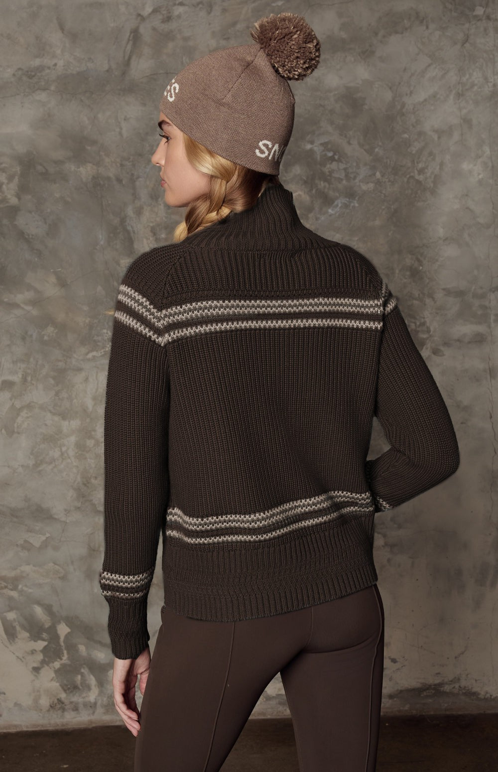 Alp N Rock Alora Sweater, dark brown ski sweater for women with mock neck and snowflake pattern on the front