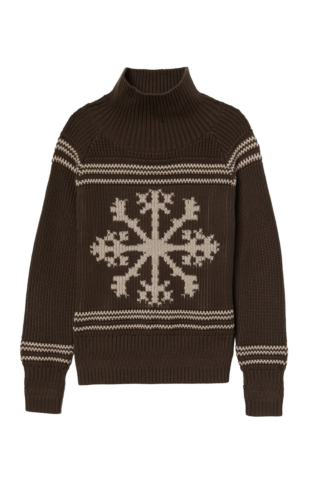 Alp N Rock Alora Sweater, dark brown ski sweater for women with mock neck and snowflake pattern on the front