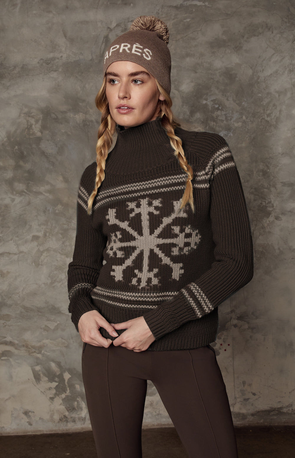 Alp N Rock Alora Sweater, dark brown ski sweater for women with mock neck and snowflake pattern on the front