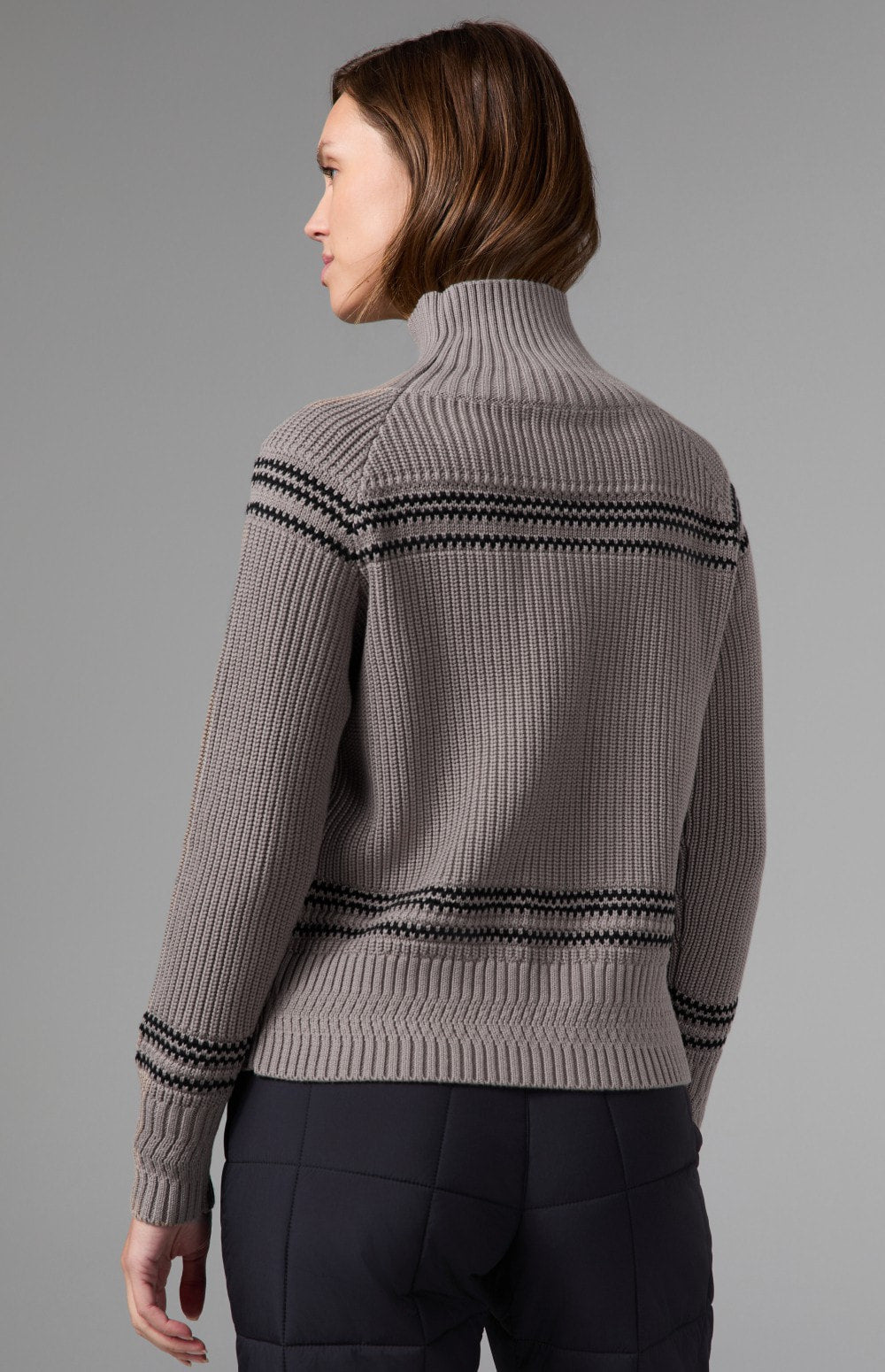 Alp N Rock Alora Sweater, taupe ski sweater for women with mock neck and snowflake pattern on the front