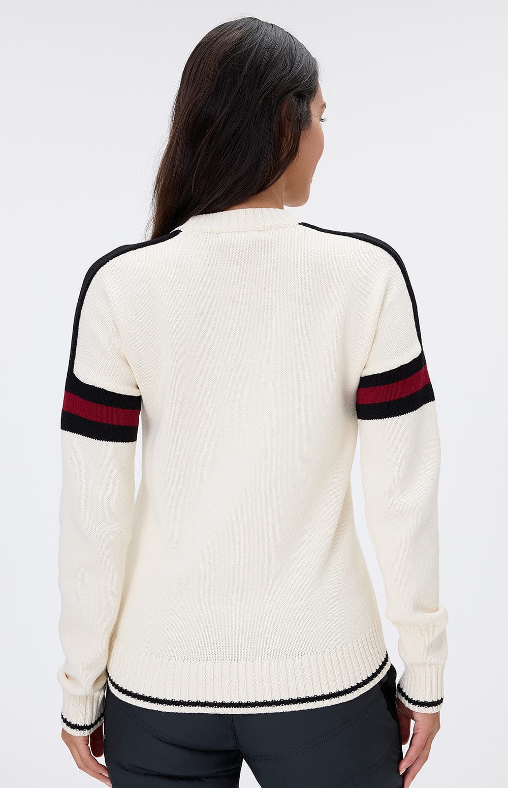 Apres Ski Sweater by Alp N Rock, Women's Ivory Sweater with Black and Red Arm Stripes and Apres Lettering