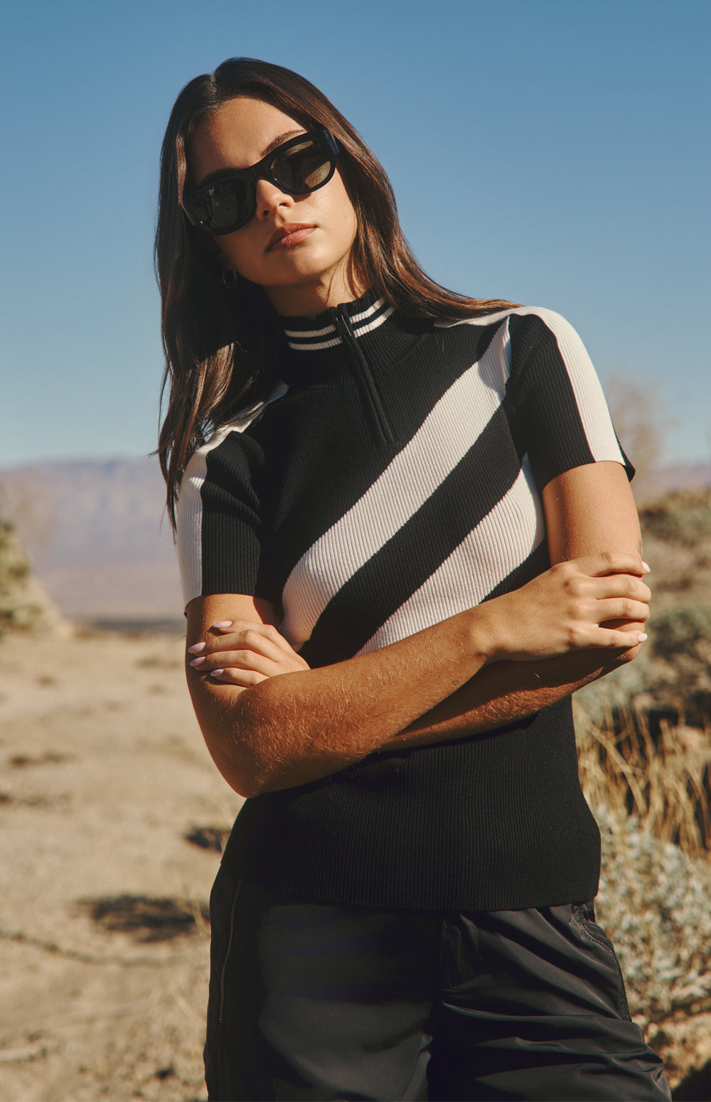 Alp N Rock Audra Sweater, black and white short sleeve stripe ribbed top for women with half zip