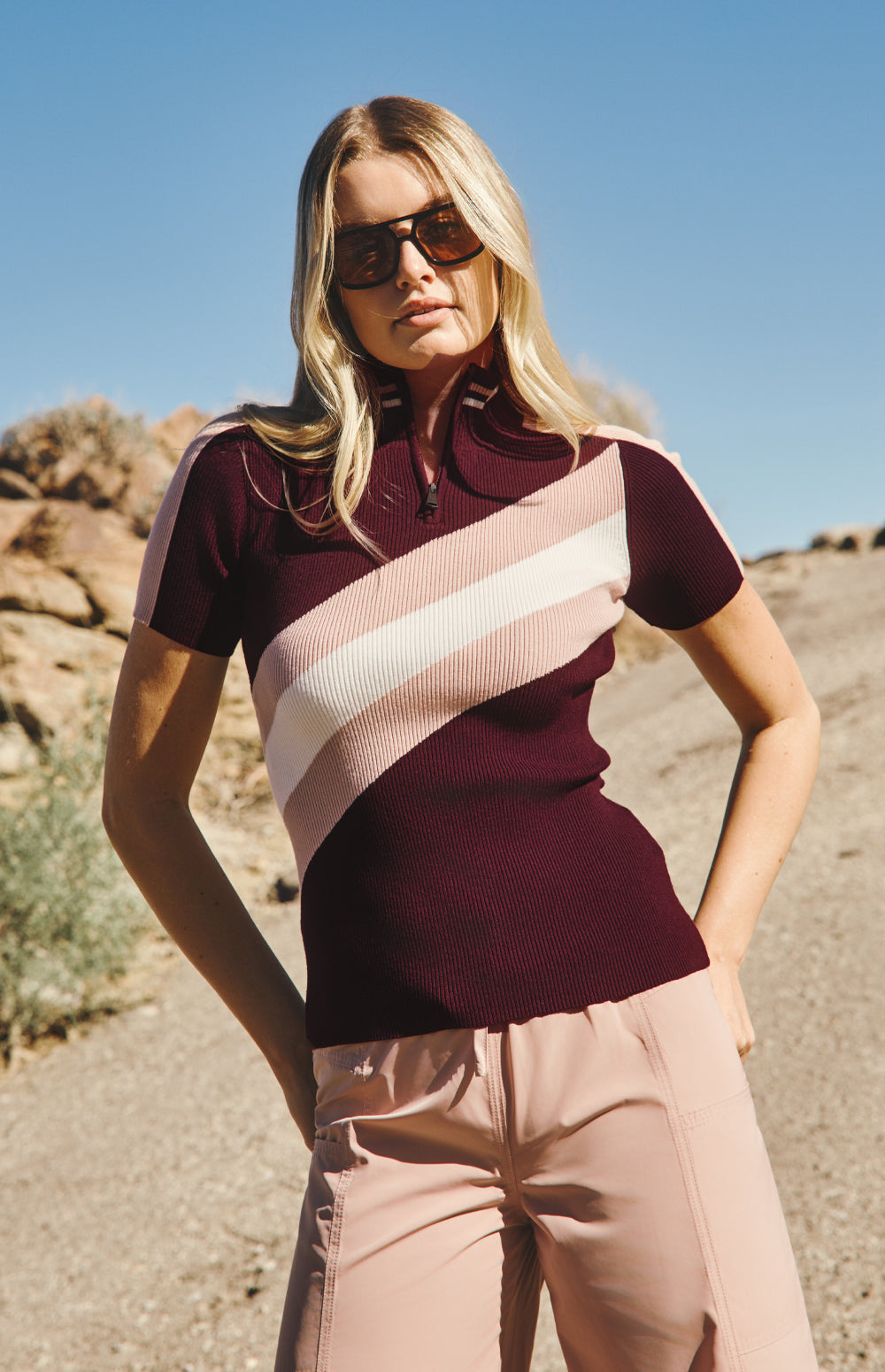 Alp N Rock Audra Sweater, dark cherry and pink short sleeve stripe ribbed top for women with half zip