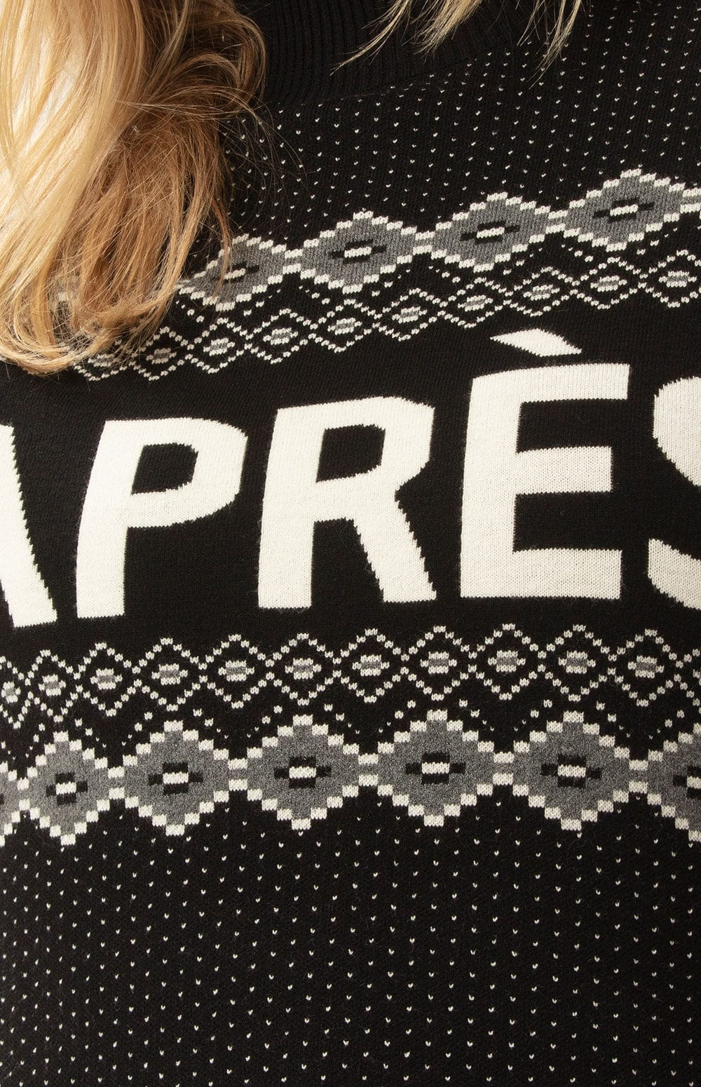 Aurora Mock Neck Sweater by Alp N Rock, Women's Black Sweater with Fair Isle Print and Apres Lettering on Chest