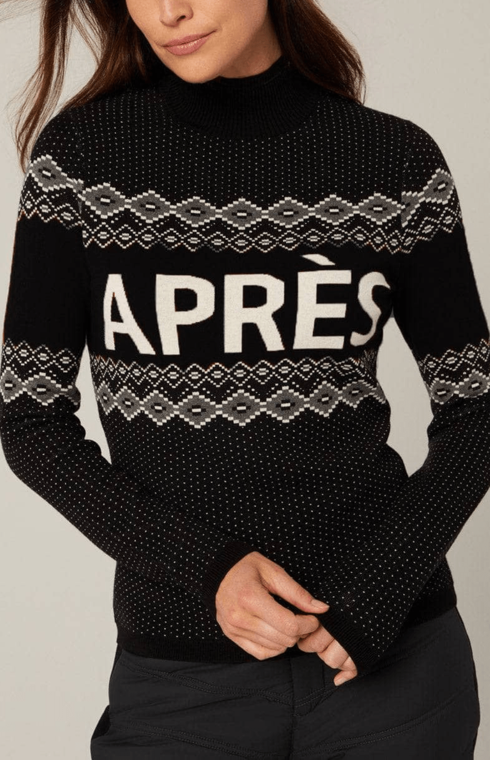 Alp N Rock Aurora Sweater, Women's Black Mock Neck Ski Sweater with Fair Isle Pattern and White Après Lettering