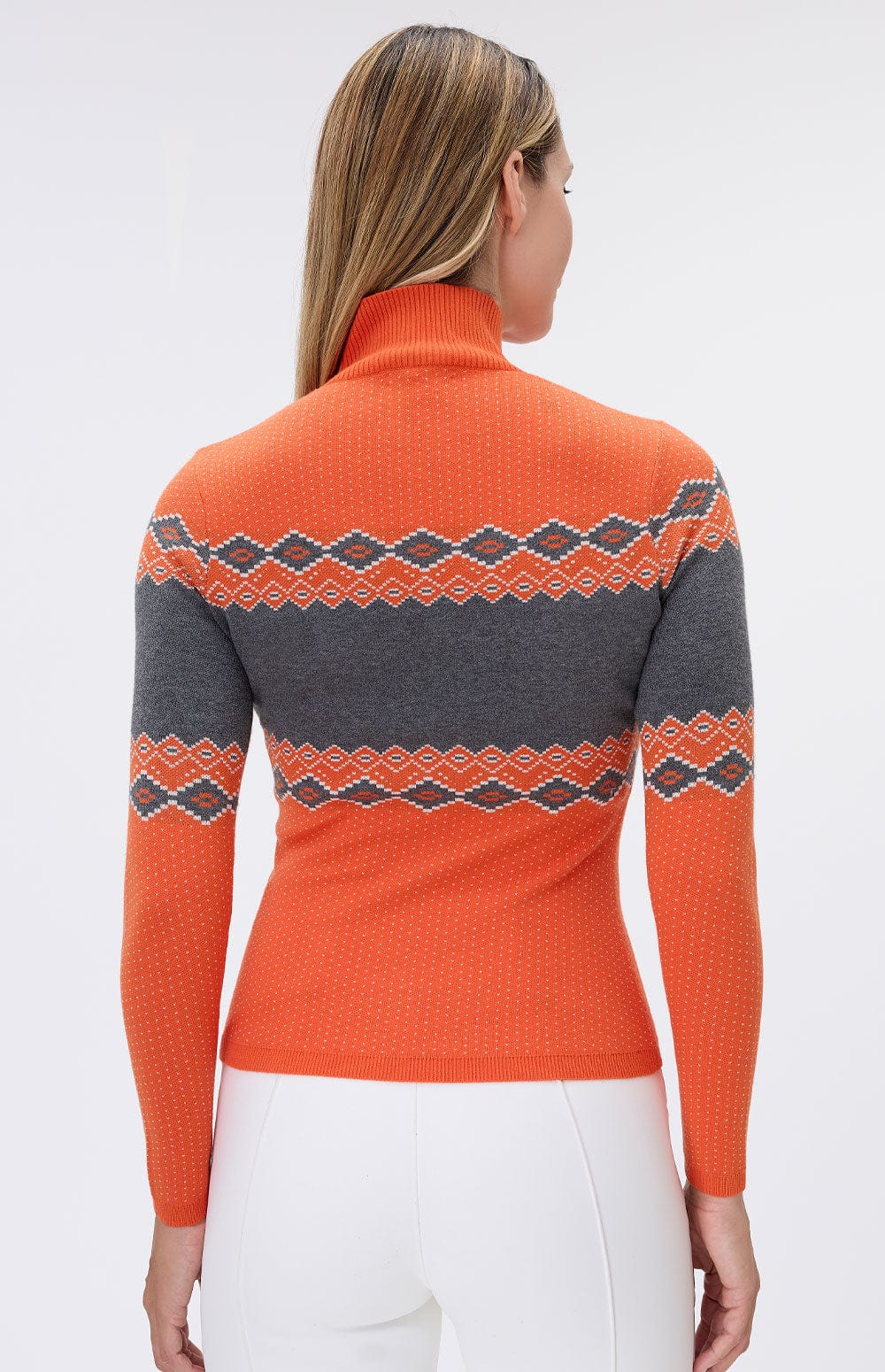 Aurora Mock Neck Sweater by Alp N Rock, Women's Orange Sweater with Grey and White Pattern and Apres Lettering