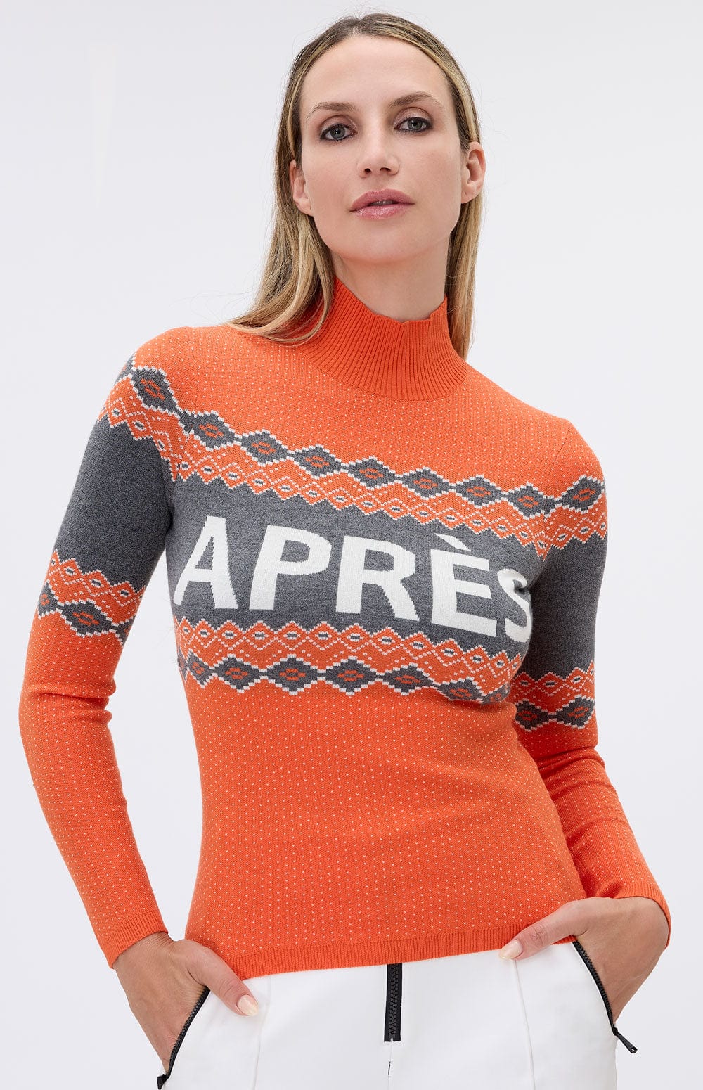 Aurora Mock Neck Sweater by Alp N Rock, Women's Orange Sweater with Grey and White Pattern and Apres Lettering