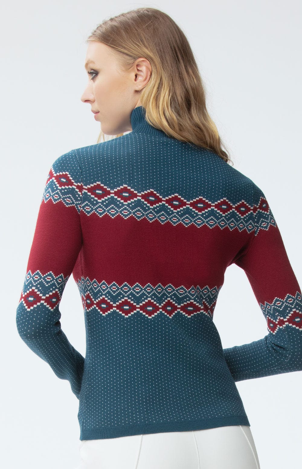 Aurora Mock Neck Sweater by Alp N Rock, Women's Teal and Red Ski Sweater with Ski Lettering on the Chest