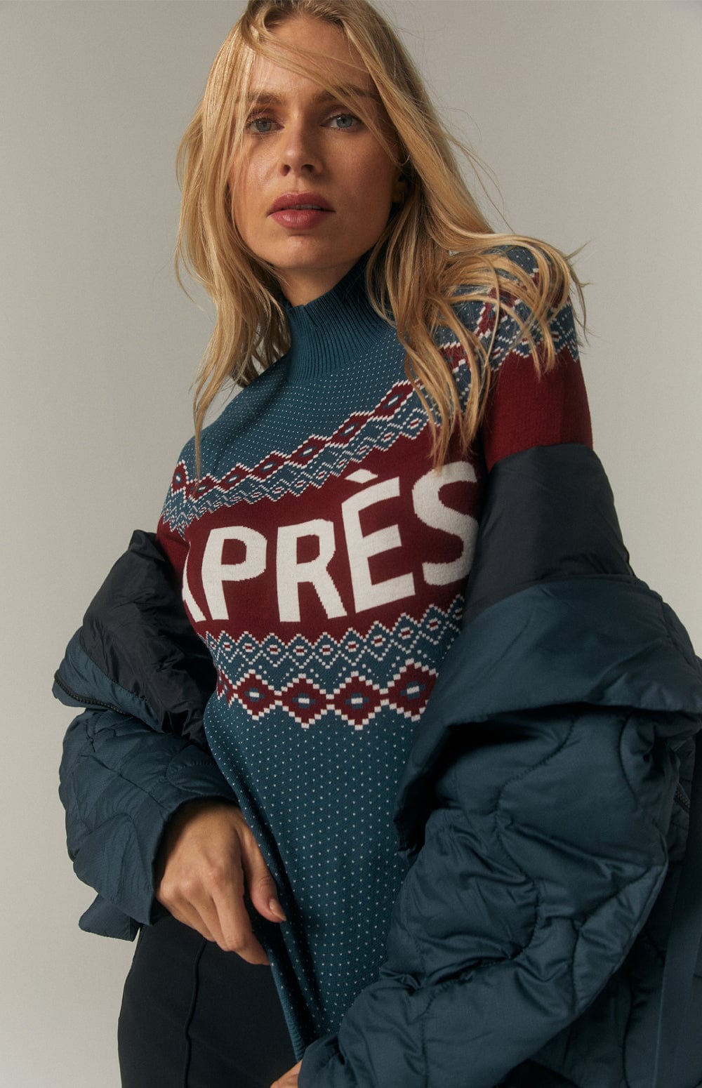 Aurora II Mock Neck Sweater by Alp N Rock, Women's Teal Blue Ski Sweater With Apres Lettering On Front