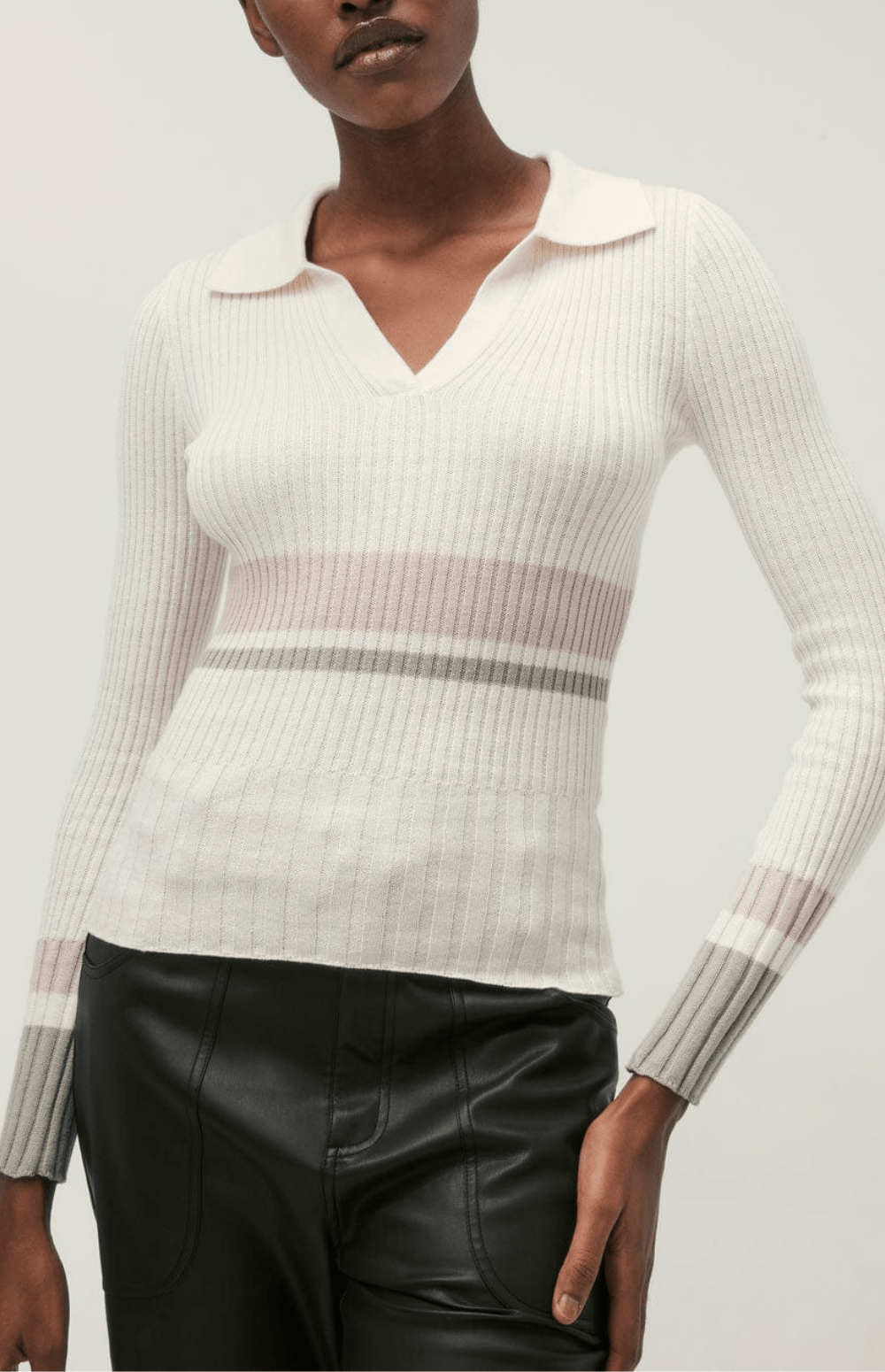 Alp N Rock Ava Polo Sweater, Women's Ivory Collared Sweater with Pink Stripe