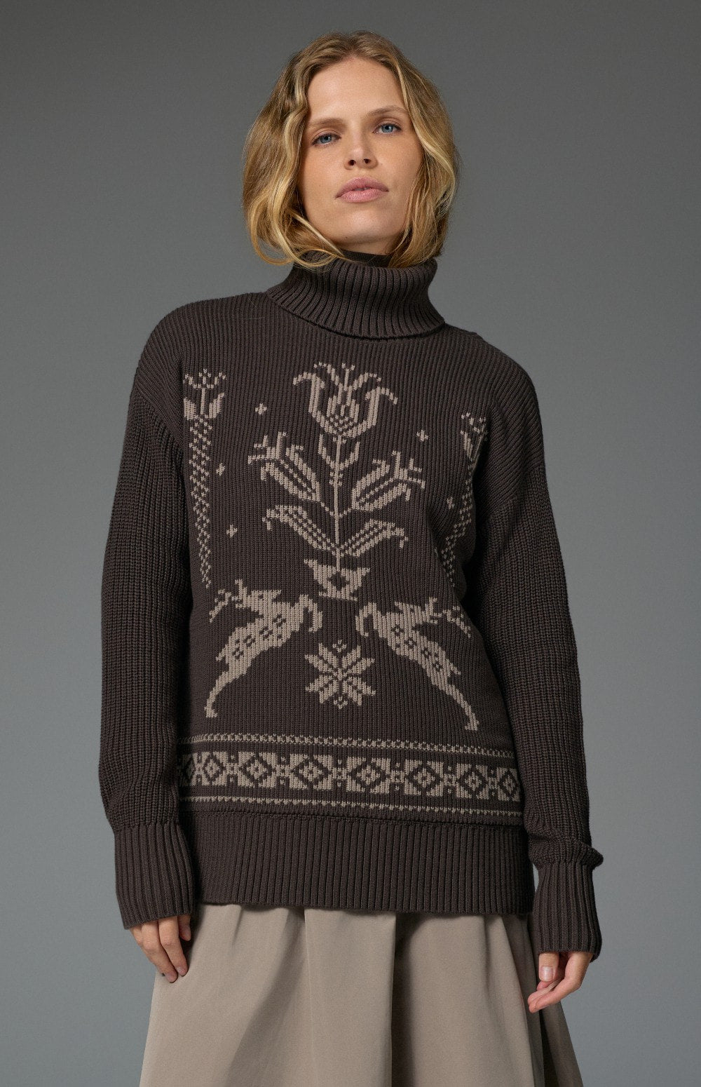Alp N Rock Brigitta Turtleneck Sweater, women's dark brown relaxed turtleneck sweater with embroidered details