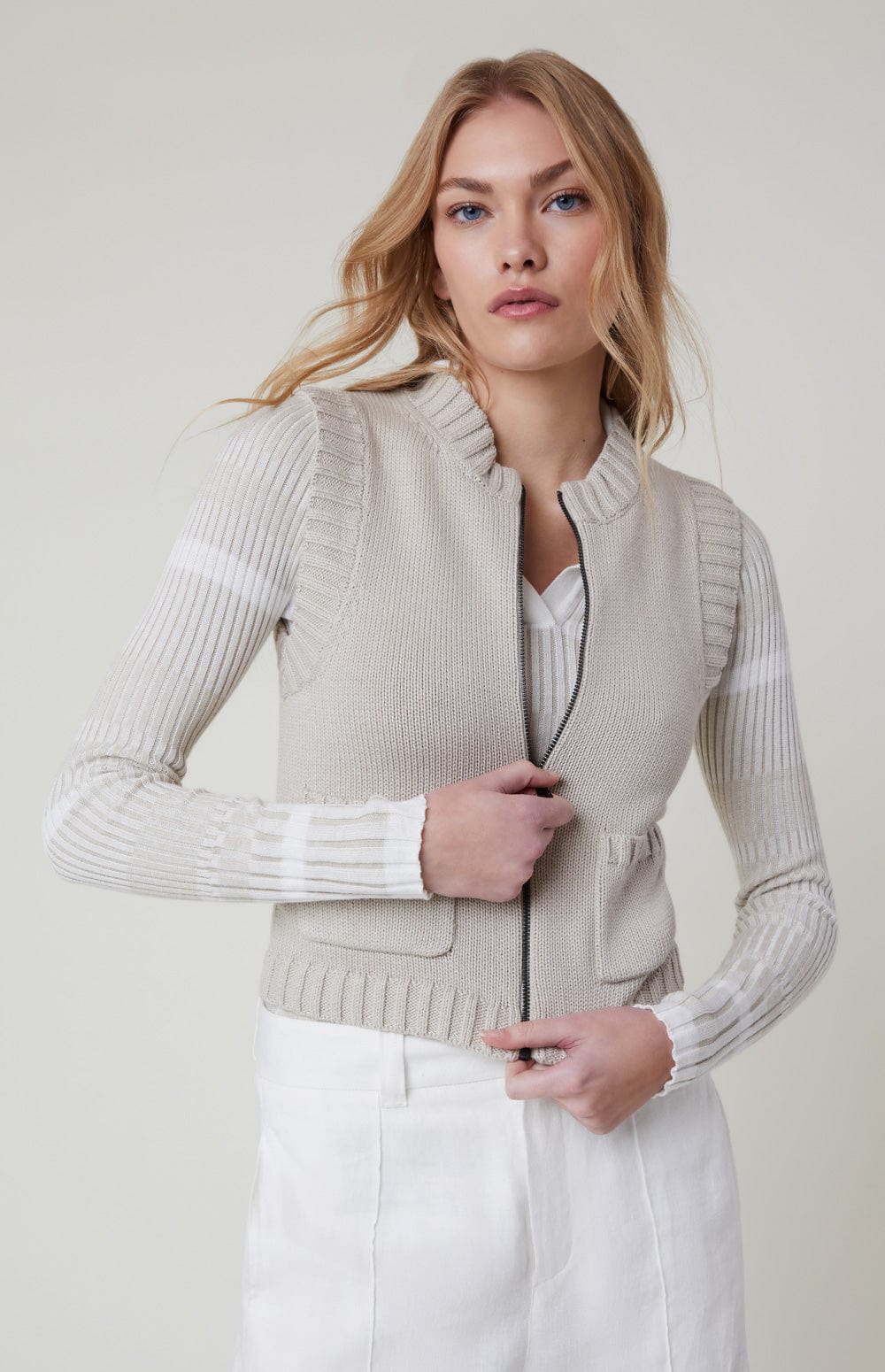 Cartsen Sweater Vest by Alp N Rock, Women's Beige Sweater Vest with Zipper Front and Patch Pockets