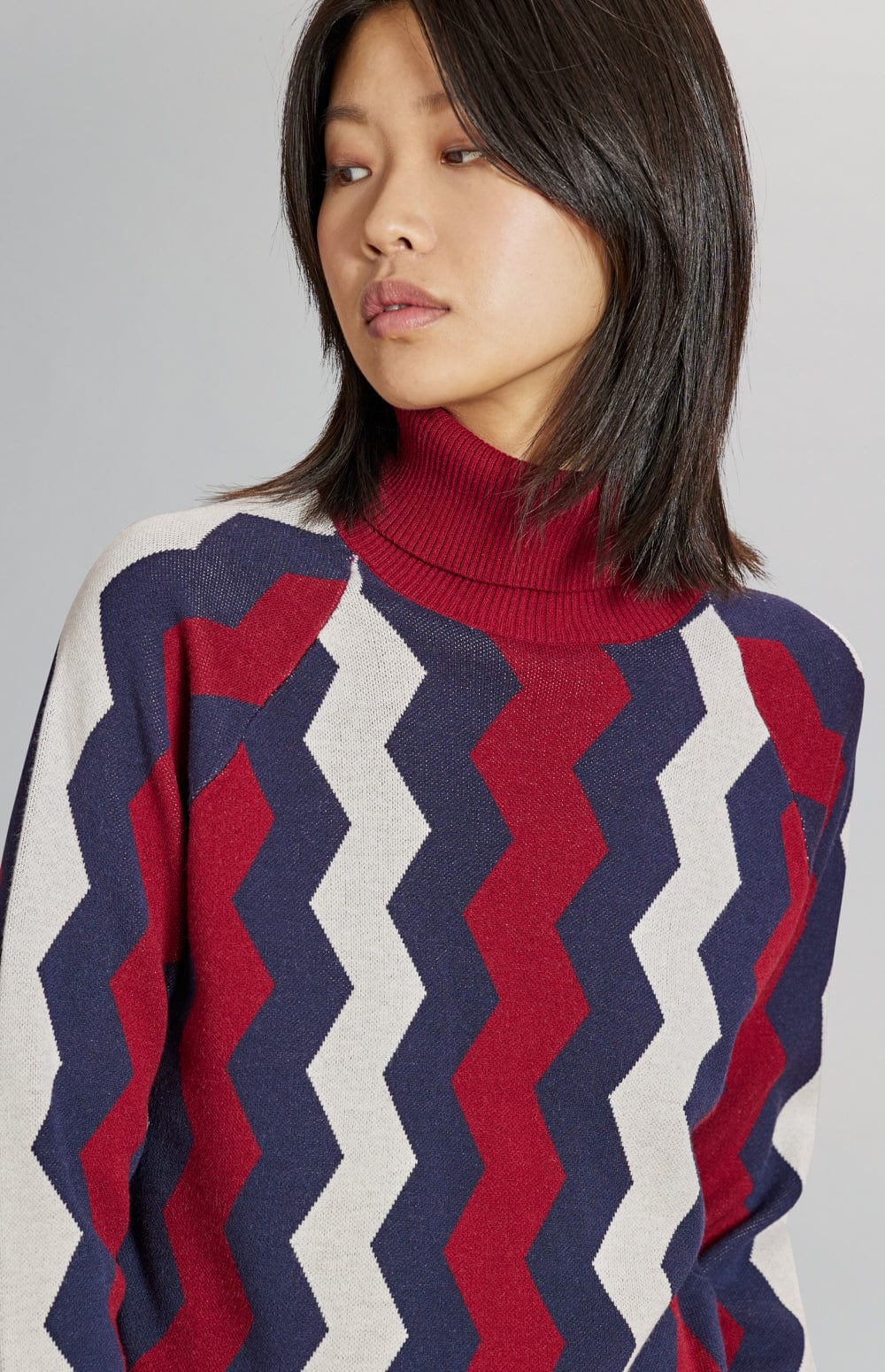 Cassandra Turtleneck Sweater by Alp N Rock, Women's Turtleneck Sweater with Red, White, and Blue Zig Zag Stripes