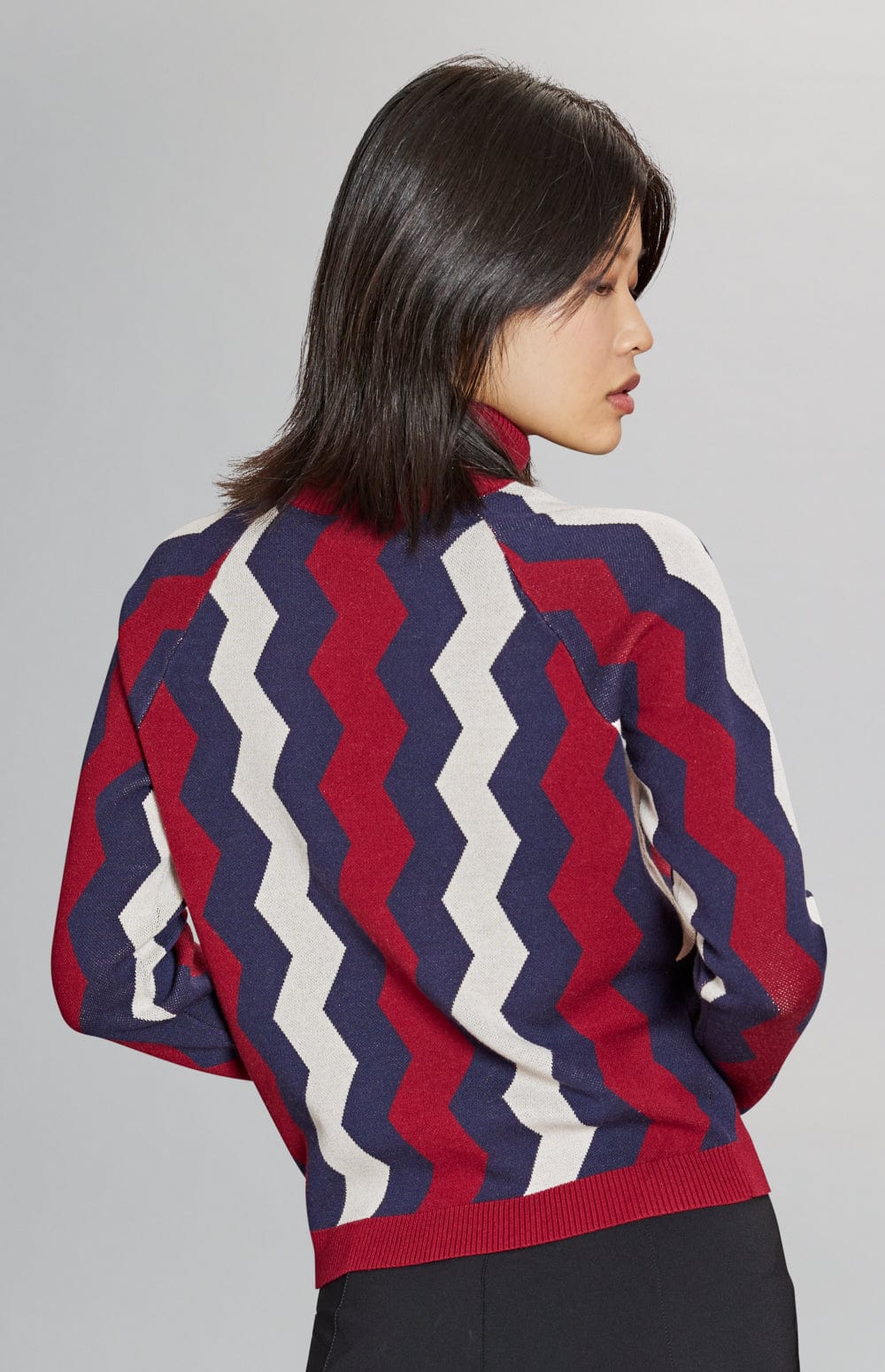 Cassandra Turtleneck Sweater by Alp N Rock, Women's Turtleneck Sweater with Red, White, and Blue Zig Zag Stripes