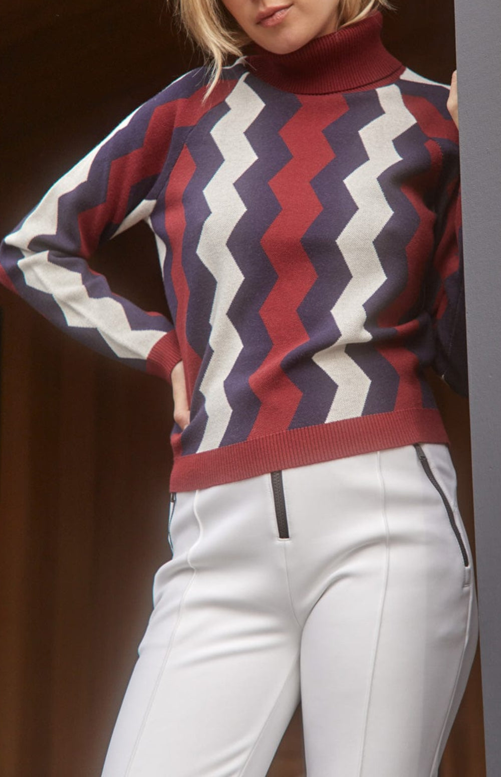 Cassandra Turtleneck Sweater by Alp N Rock, Women's Turtleneck Sweater with Red, White, and Blue Zig Zag Stripes