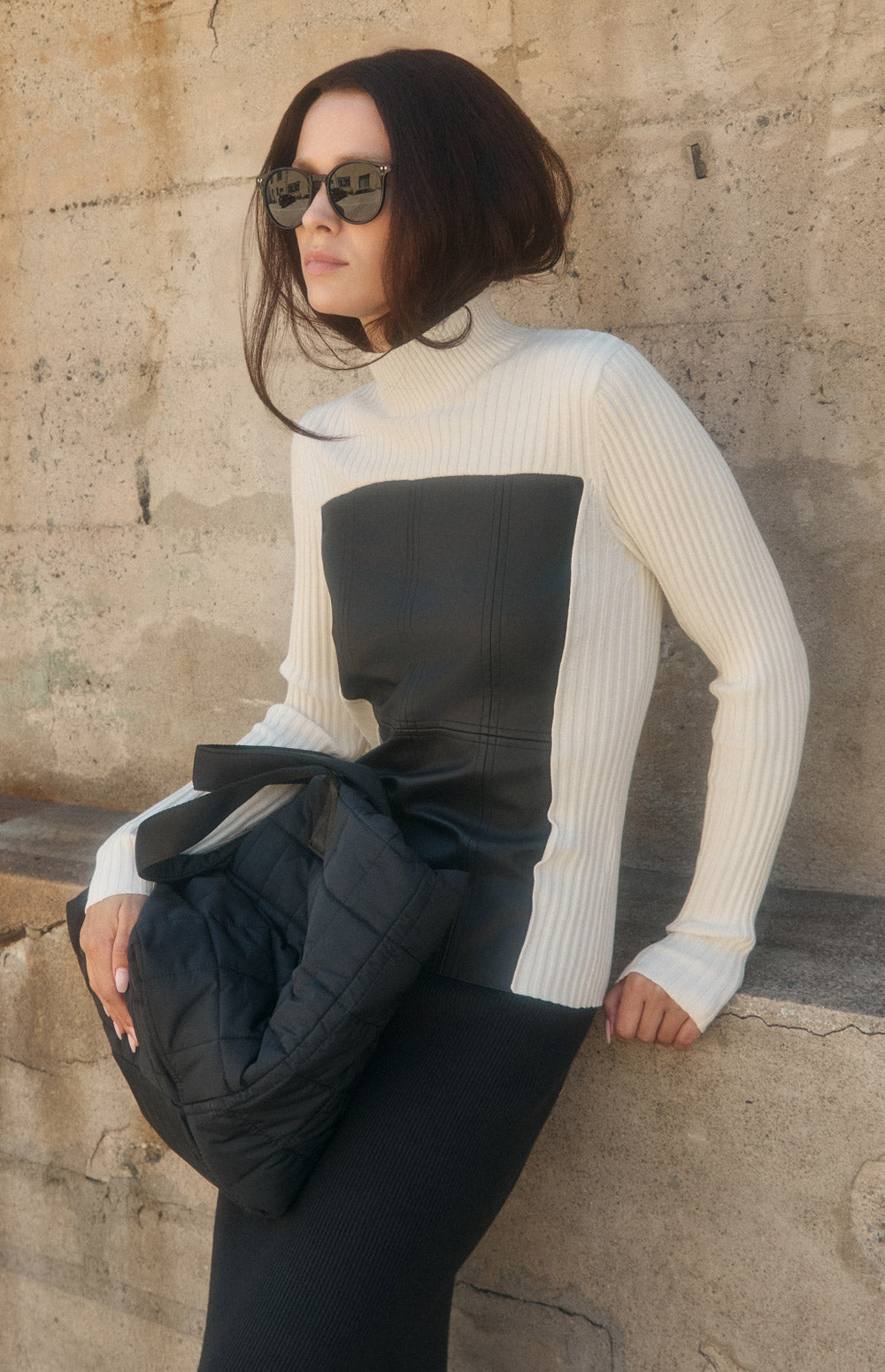 Alp N Rock Clara Sweater, ivory mock neck sweater for women with black faux leather front panel