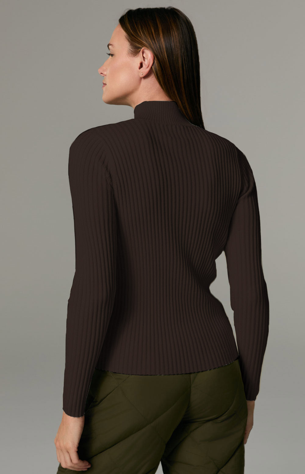 Alp N Rock Clara Sweater, dark brown mock neck sweater for women with black faux leather front panel