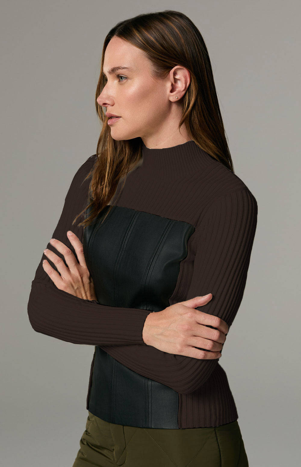 Alp N Rock Clara Sweater, dark brown mock neck sweater for women with black faux leather front panel
