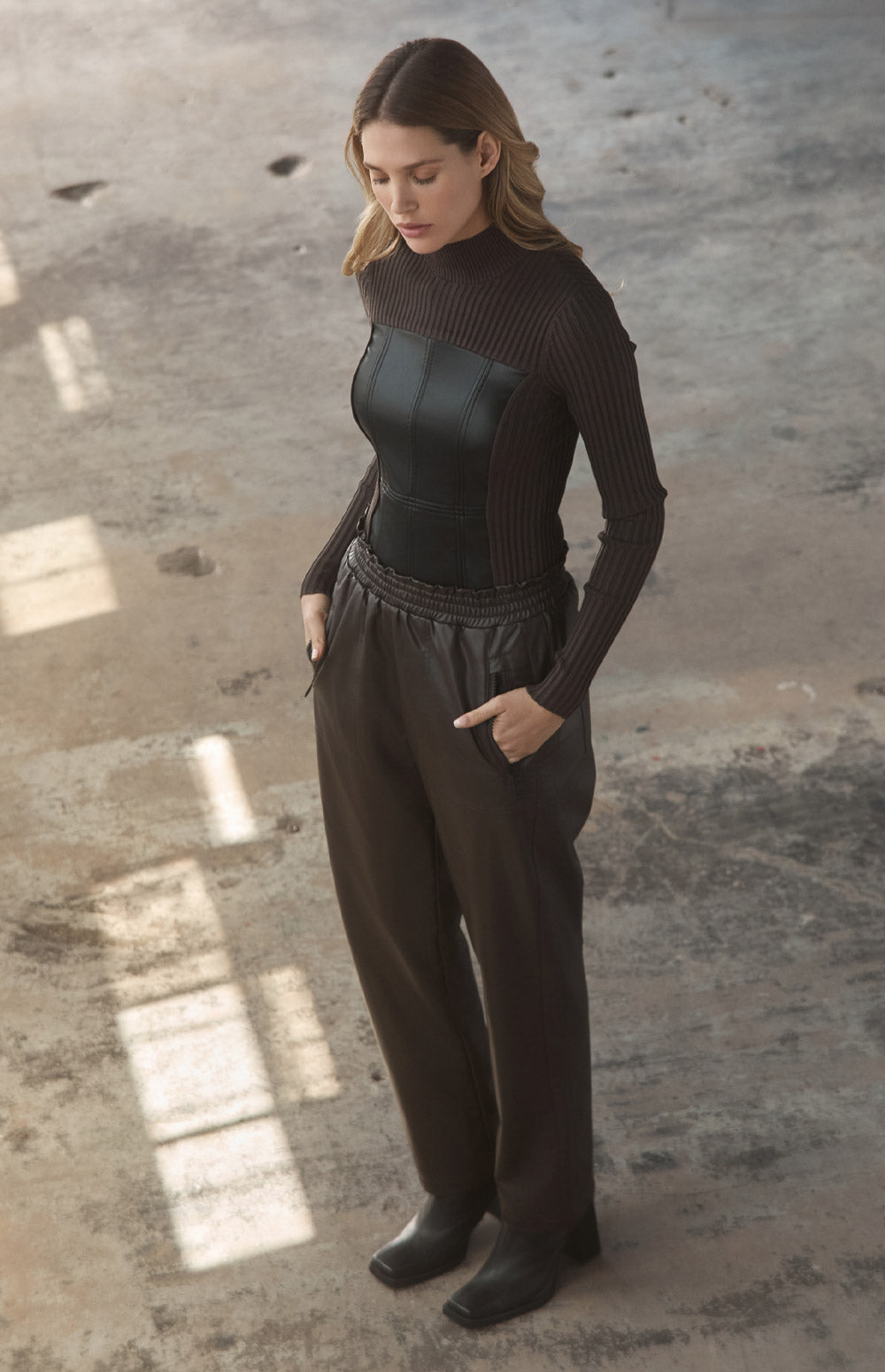 Alp N Rock Clara Sweater, dark brown mock neck sweater for women with black faux leather front panel
