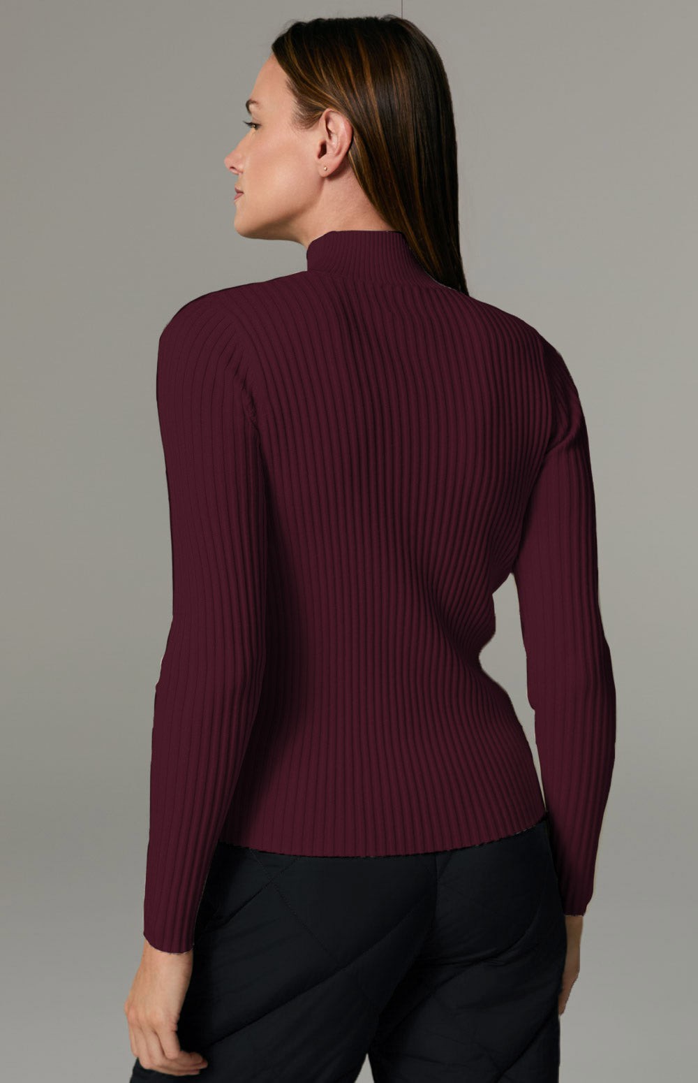 Alp N Rock Clara Sweater, dark cherry mock neck sweater for women with black faux leather front panel