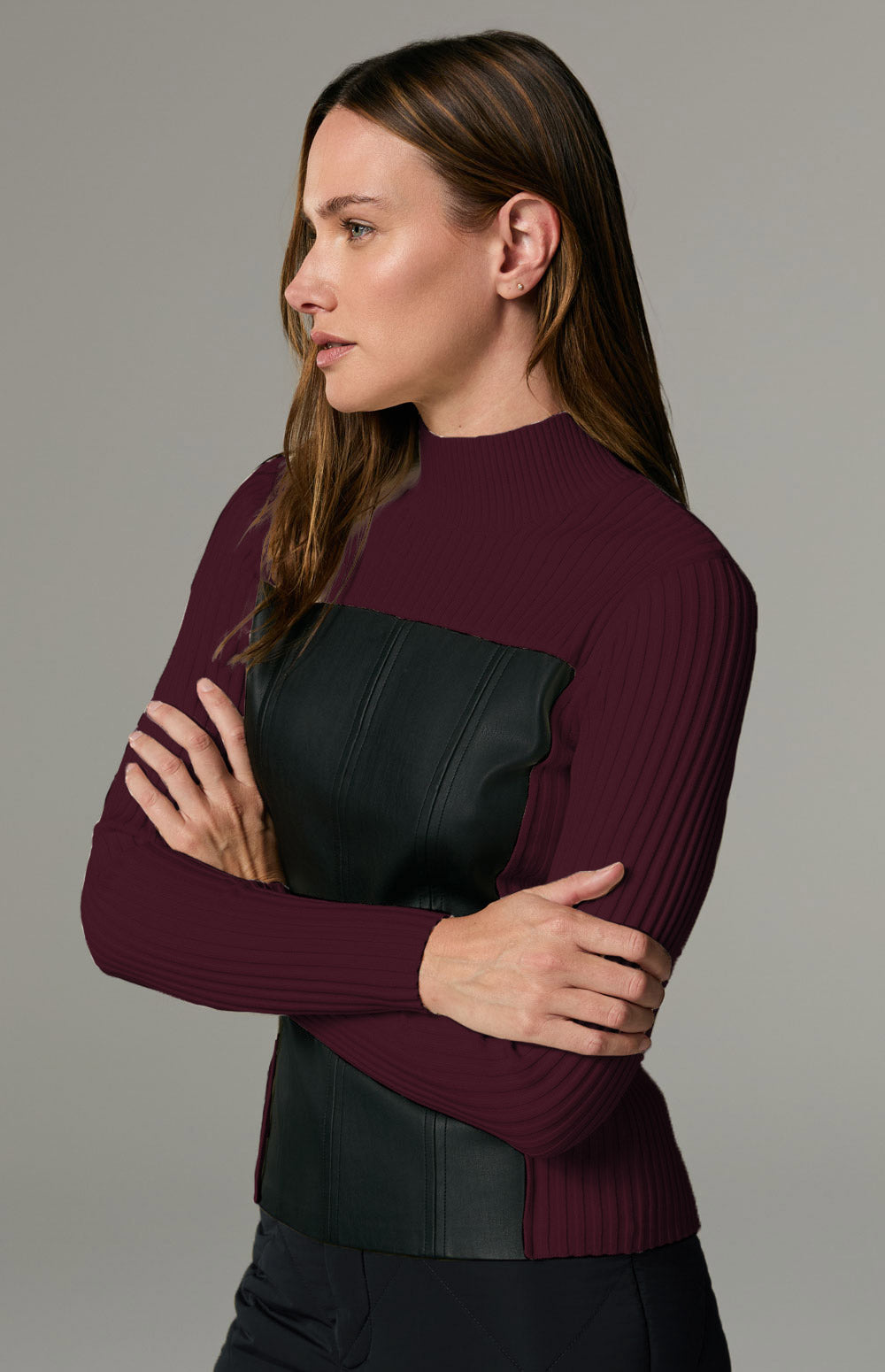Alp N Rock Clara Sweater, dark cherry mock neck sweater for women with black faux leather front panel