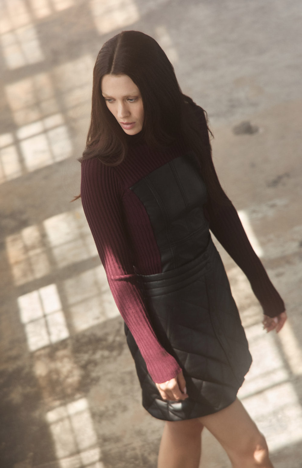 Alp N Rock Clara Sweater, dark cherry mock neck sweater for women with black faux leather front panel