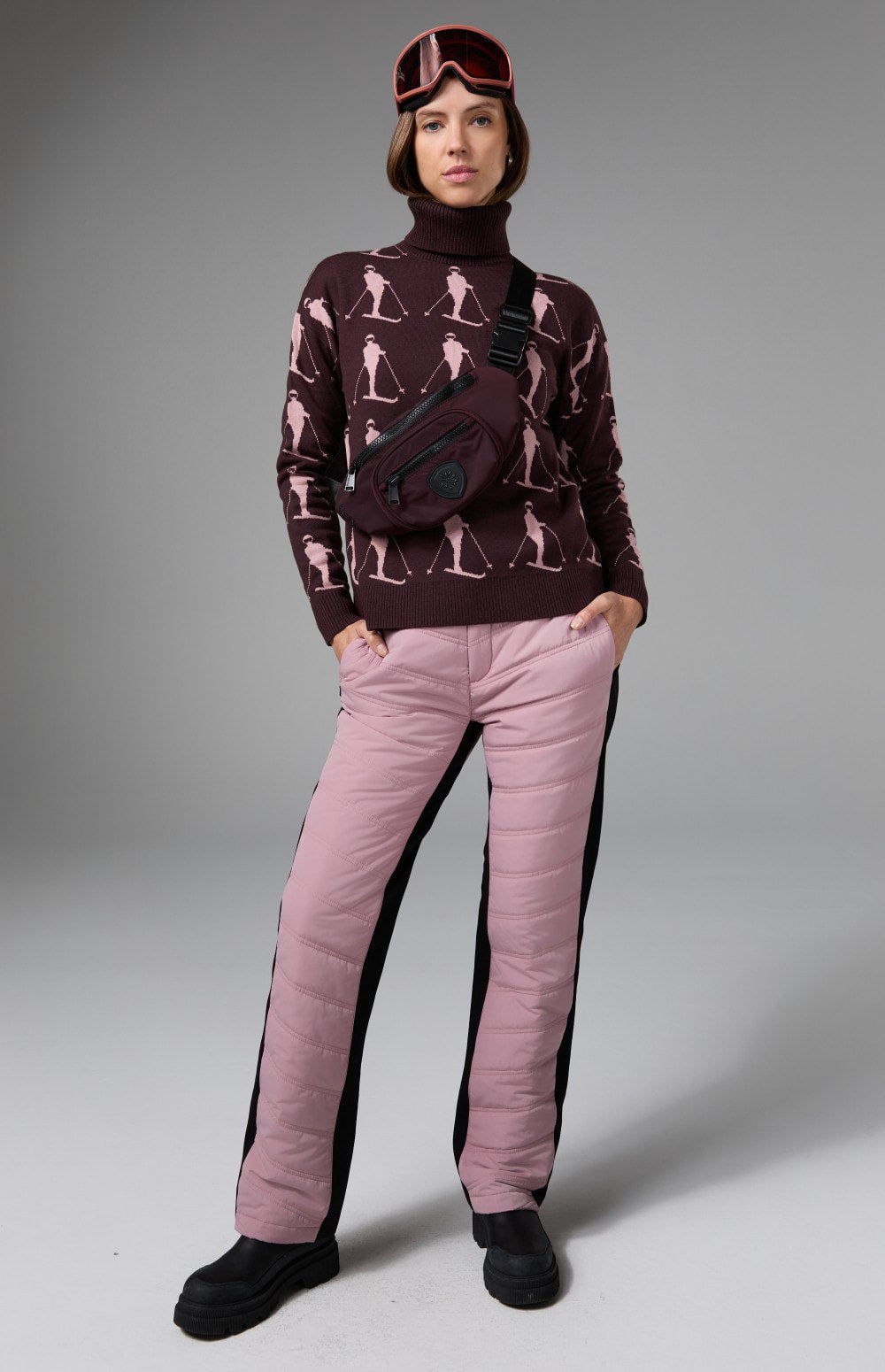 Alp N Rock Dani Vintage Ski Sweater, dark cherry turtleneck ski sweater for women with white skiers all over