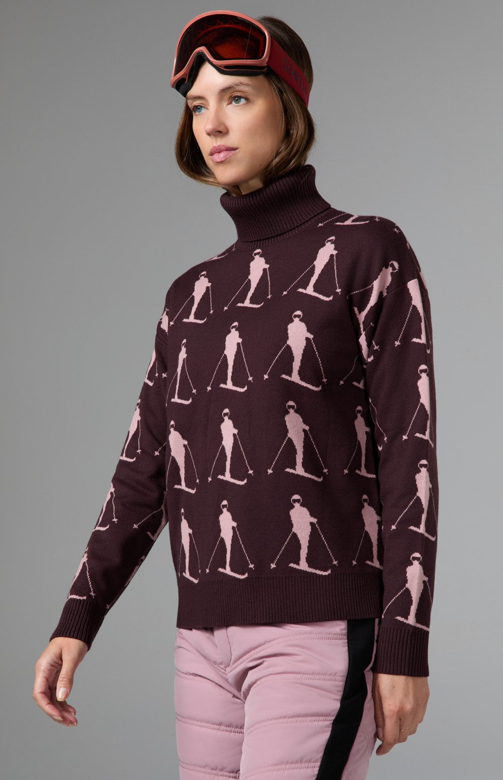 Alp N Rock Dani Vintage Ski Sweater, dark cherry turtleneck ski sweater for women with white skiers all over