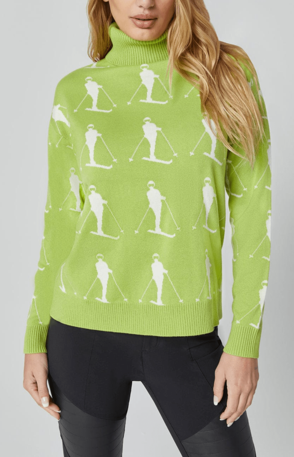 Alp N Rock Dani Vintage Sweater, Women's Bright Yellow Turtleneck Ski Sweater with White Skier Pattern All Over