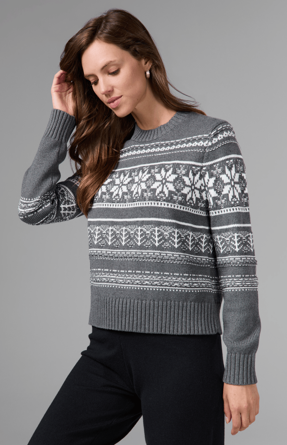 Alp N Rock Danika Fair Isle Sweater, heather grey crew neck sweater for women