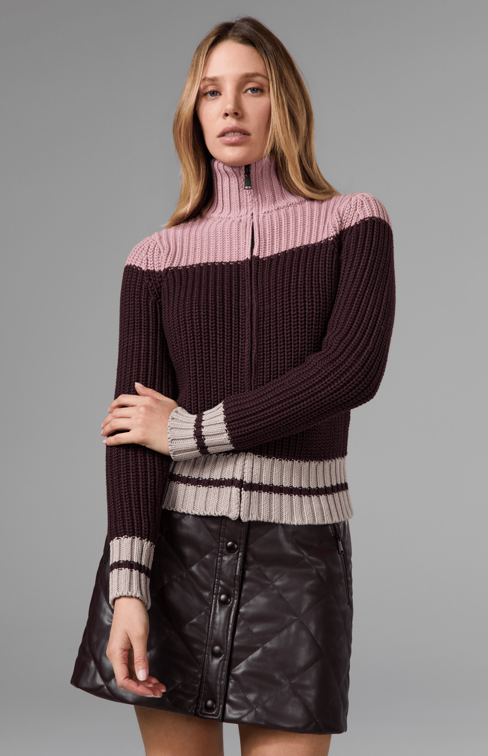 Alp N Rock Daphne Zip Stripe Cardigan, dark red striped zip cardigan for women