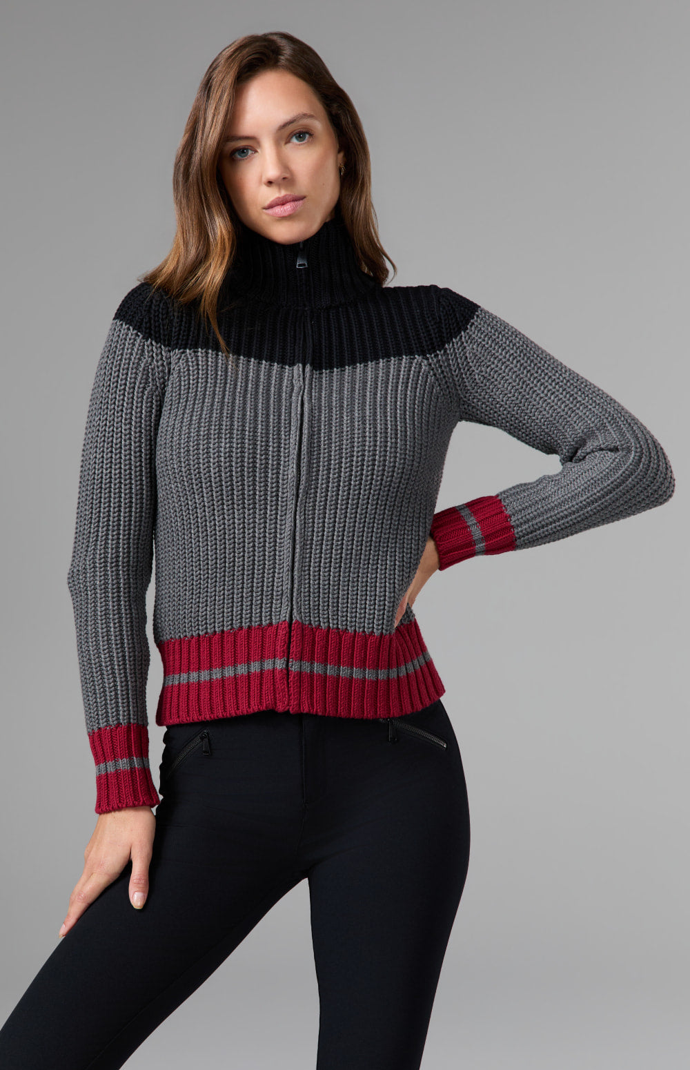 Alp N Rock Daphne Zip Stripe Cardigan, heather grey striped zip cardigan for women