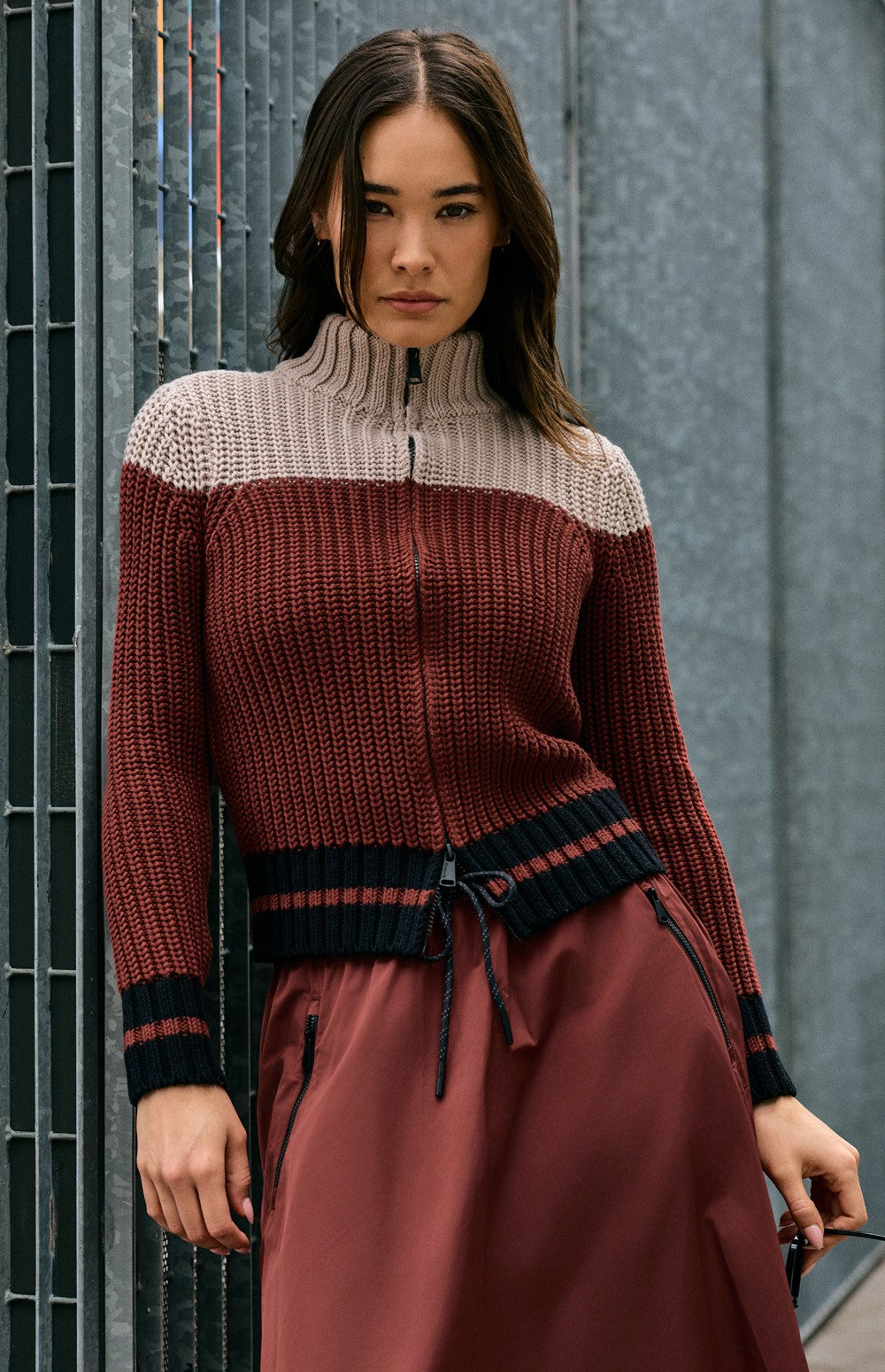 Daphne Zip Stripe Cardigan, Russet | Alp N Rock Alp N Rock Womens Sweater Daphne Zip Stripe Cardigan | Russet