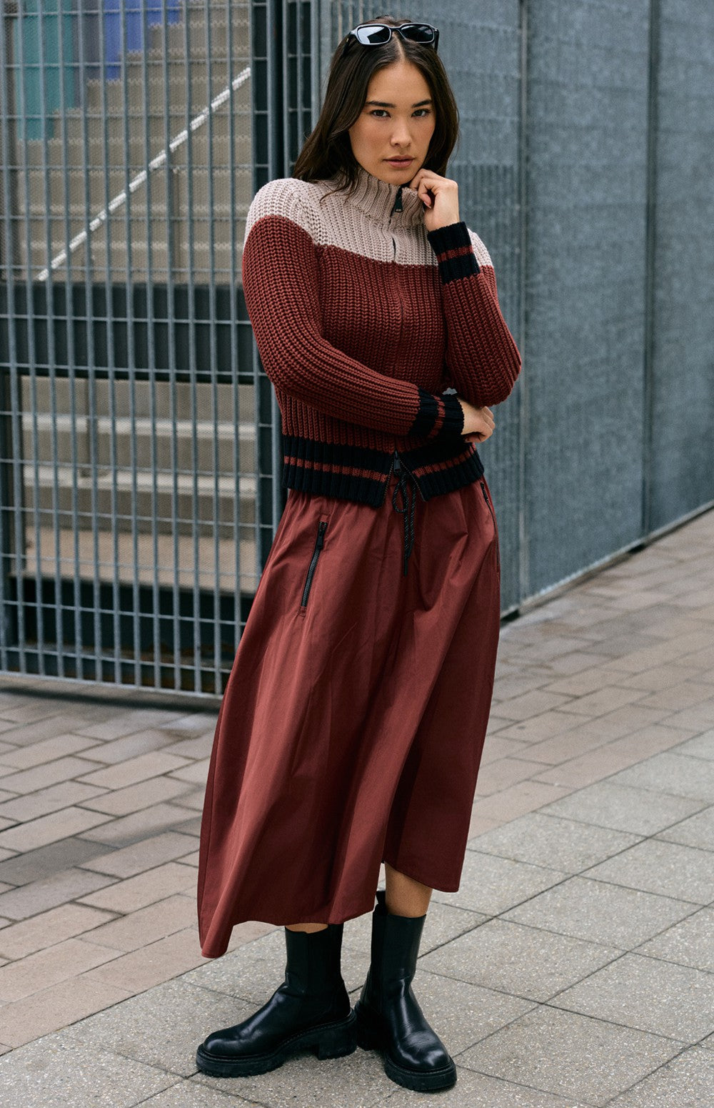 Daphne Zip Stripe Cardigan, Russet | Alp N Rock Alp N Rock Womens Sweater Daphne Zip Stripe Cardigan | Russet