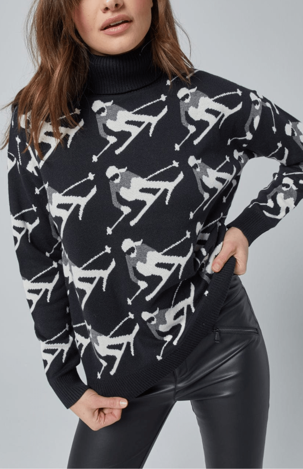 Alp N Rock Desi Sweater, Women's Black Turtleneck Ski Sweater with White Skier Pattern