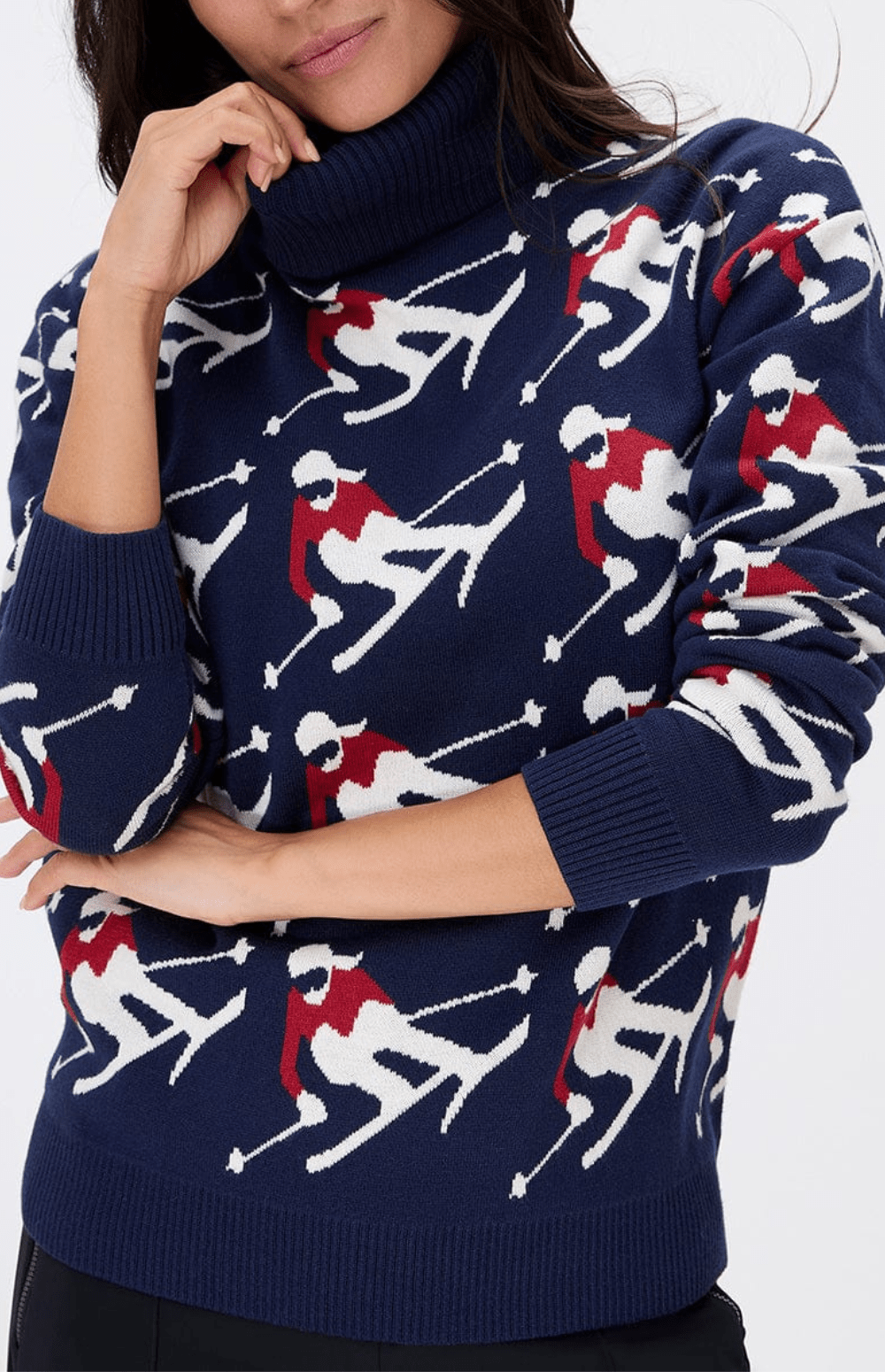 Alp N Rock Desi Sweater, Women's Navy Turtleneck Ski Sweater with White Skier Pattern