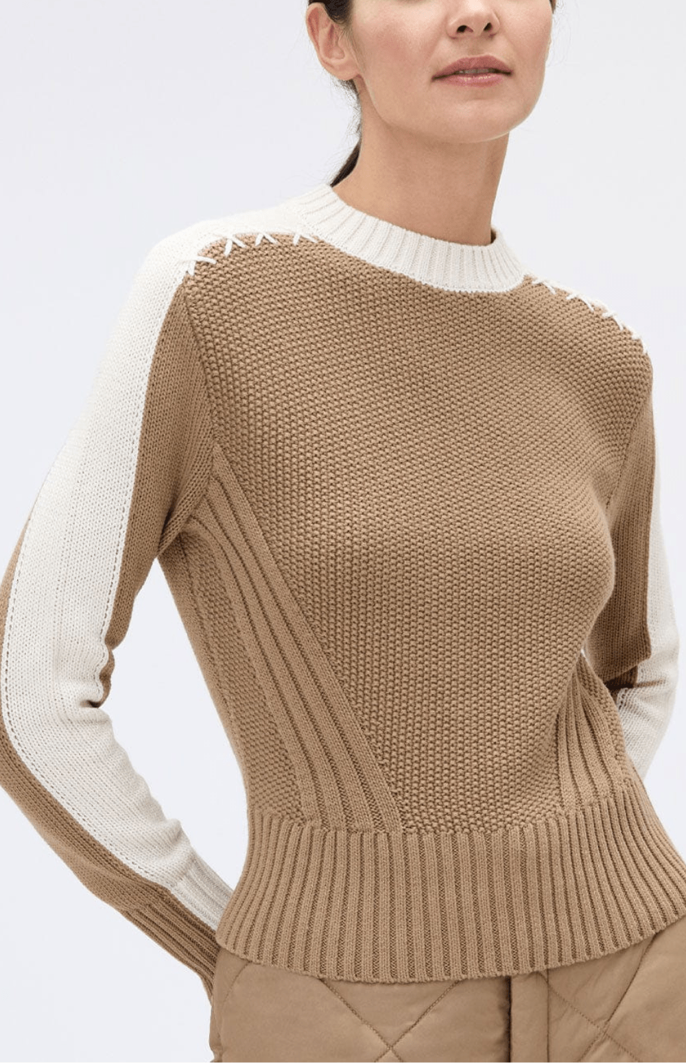 Alp N Rock Dev Sweater, Women's Dark Khaki Crew Neck Sweater with White Detailing at the Neck and Sleeves