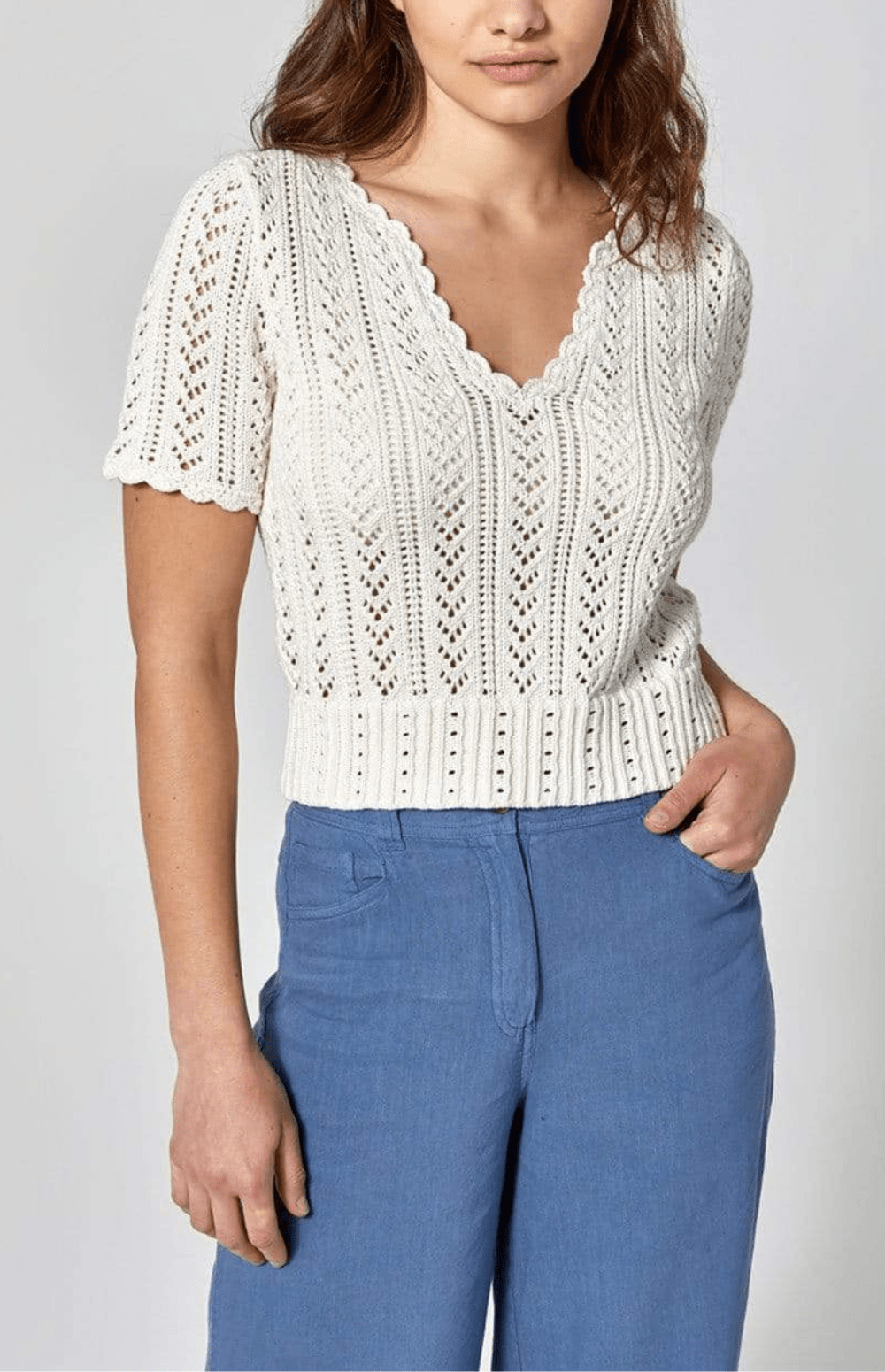 Alp N Rock Eileen Sweater, Women's Ivory Short Sleeve Sweater with Scallop Edge at the Neck and Sleeves