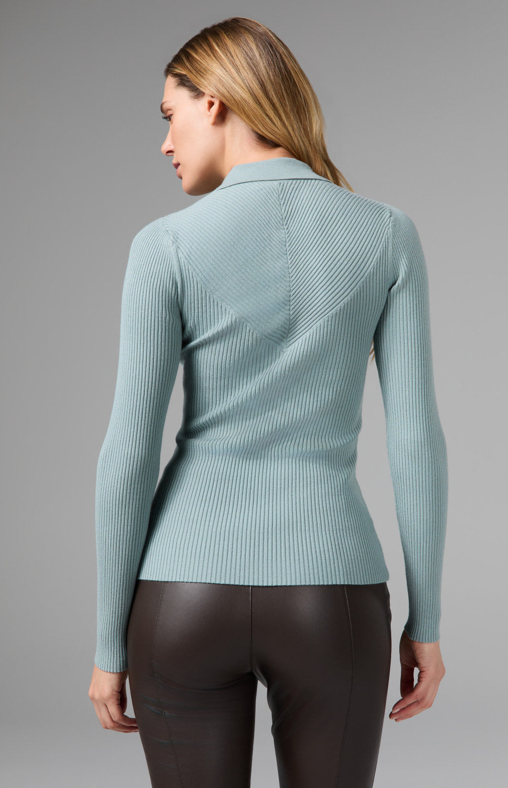 Alp N Rock Eliza Ribbed Polo Sweater, silver blue ribbed fitted polo sweater for women