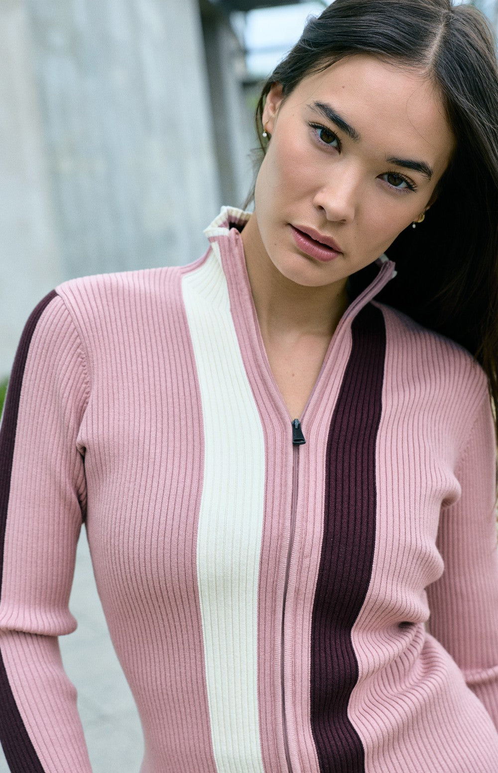 Alp N Rock Emily Ribbed Zip Sweater, smokey pink full zip fitted sweater for women