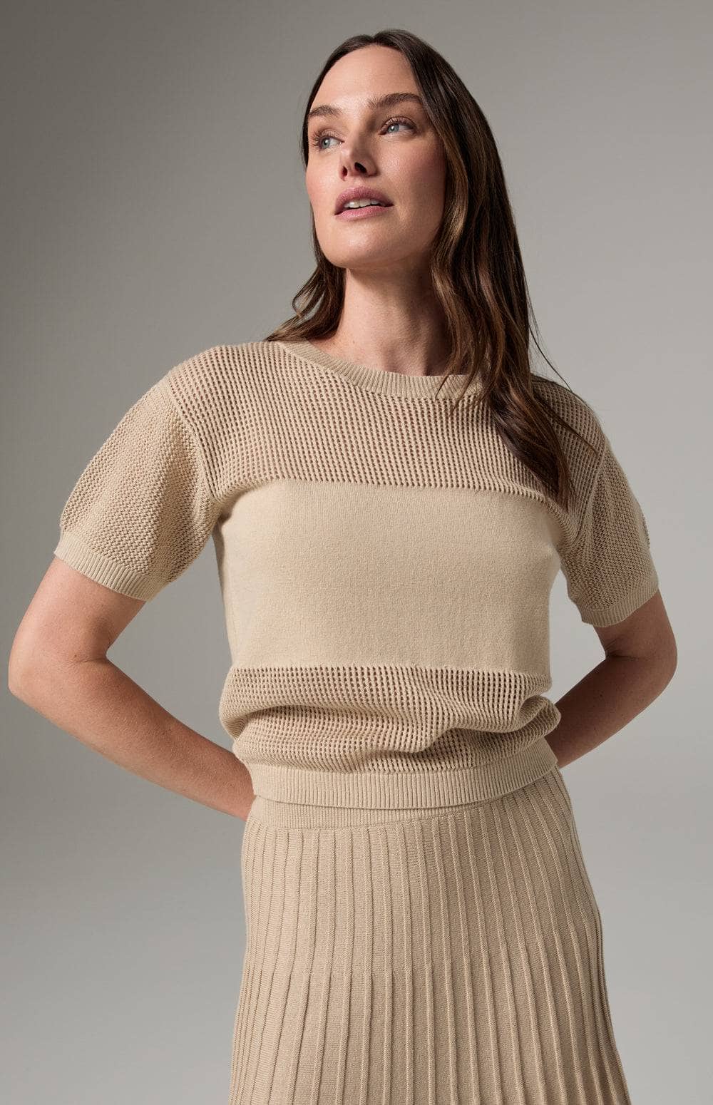 Alp N Rock Emma Top, Women's Beige Short Sleeve Open Knit Sweater